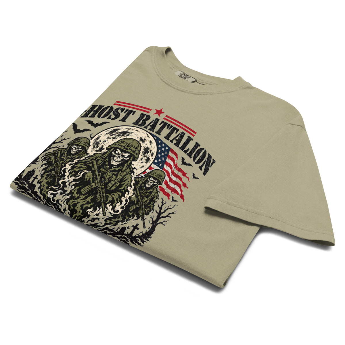 tan t-shirt with three skeleton military soldiers in spooky scene with Ghost Battalion written above and We Own the Night below