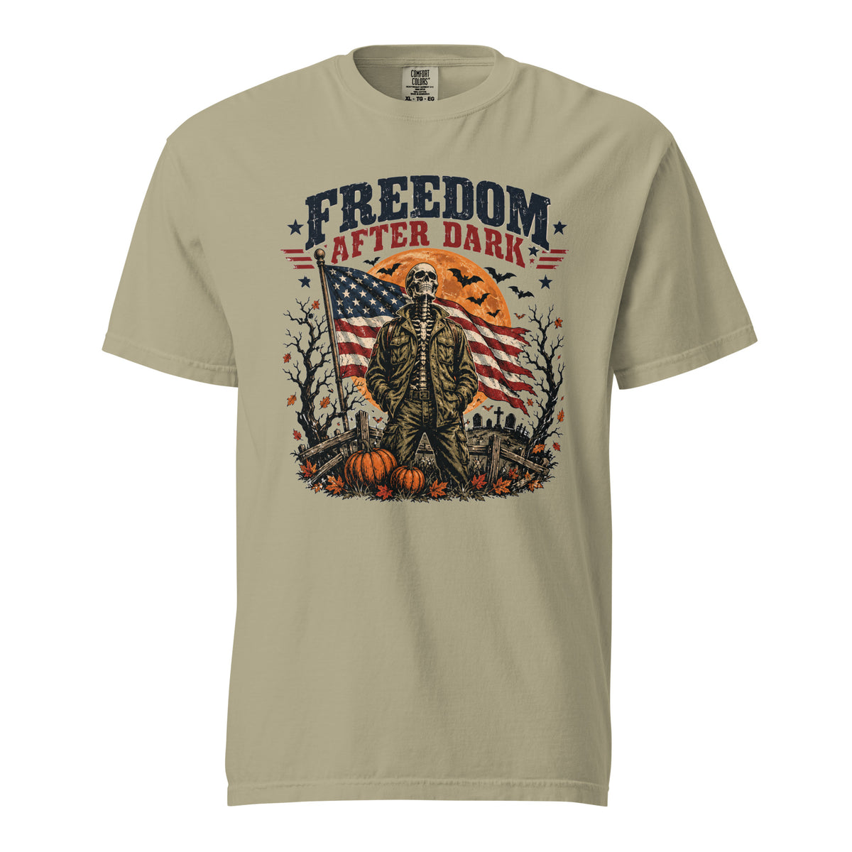 tan t-shirt with skeleton in front of American flag and moon, with Freedom after dark text above, and Halloween icon detail accents