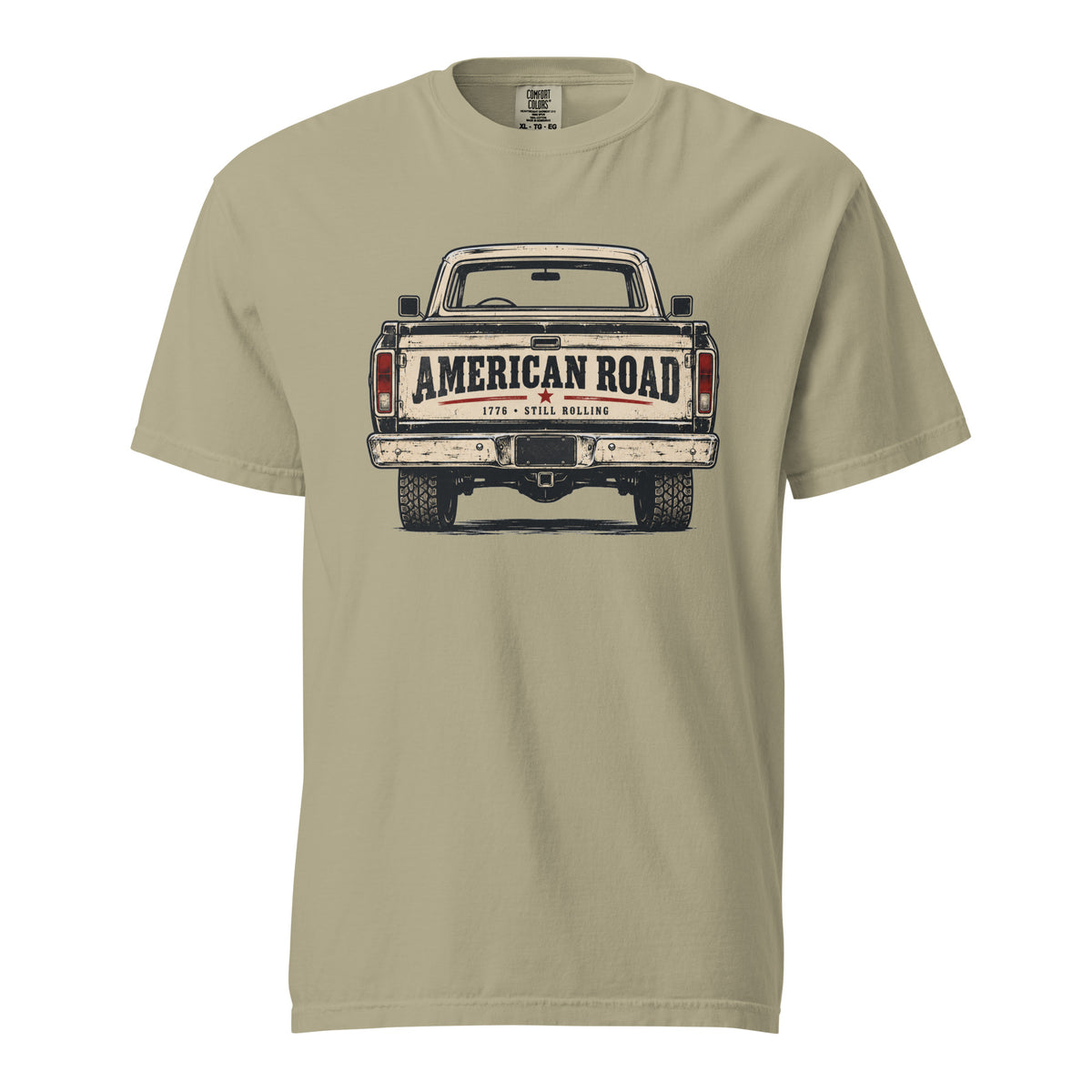tan men's t-shirt with American Road written across the tailgate of a vintage American truck