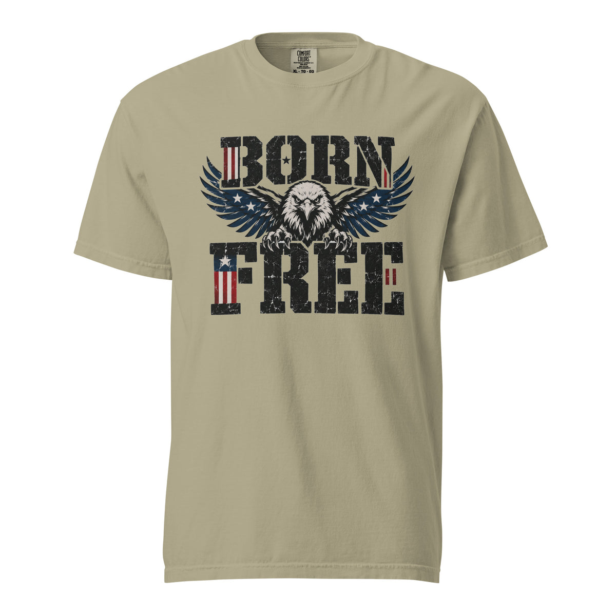 tan men's t-shirt with Born Free written in large letters and an eagle breaking through between them