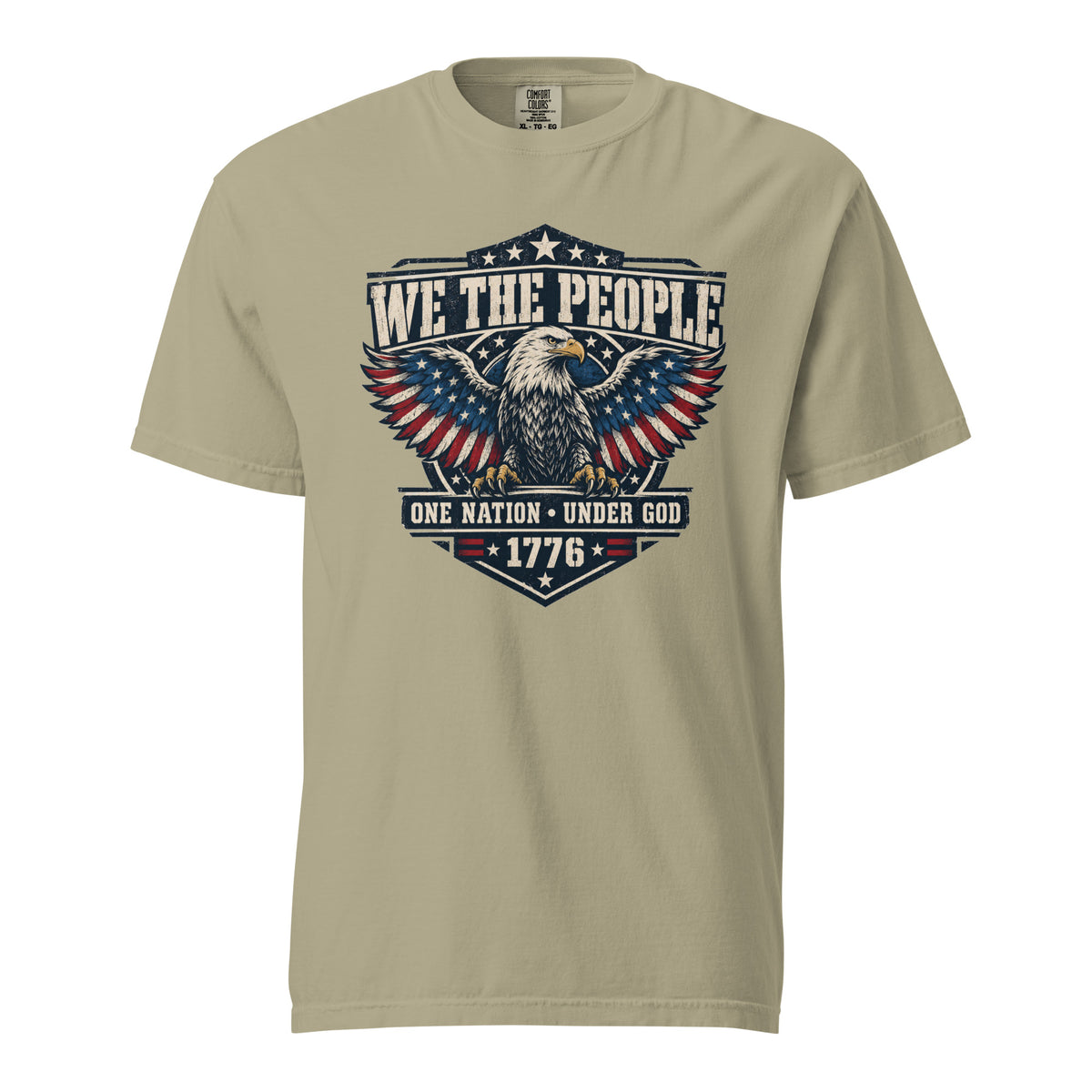 tan men's t-shirt with "we the people" across the top and an eagle graphic below, with written "One nation under god" and "1776" at the bottom