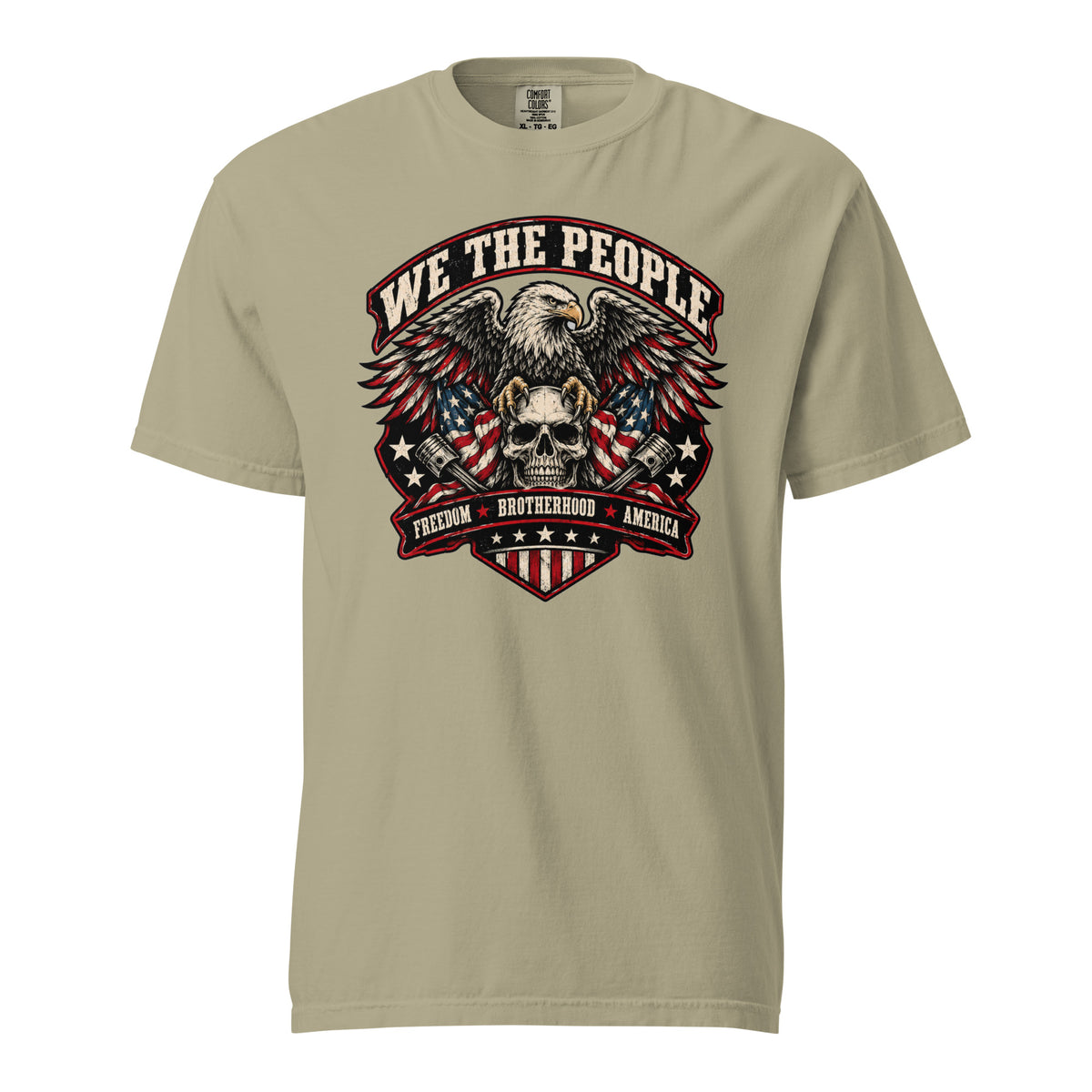 tan men's t-shirt with "we the people" across the top and an eagle standing on a skull graphic below, with written "Freedom Brotherhood America" at the bottom