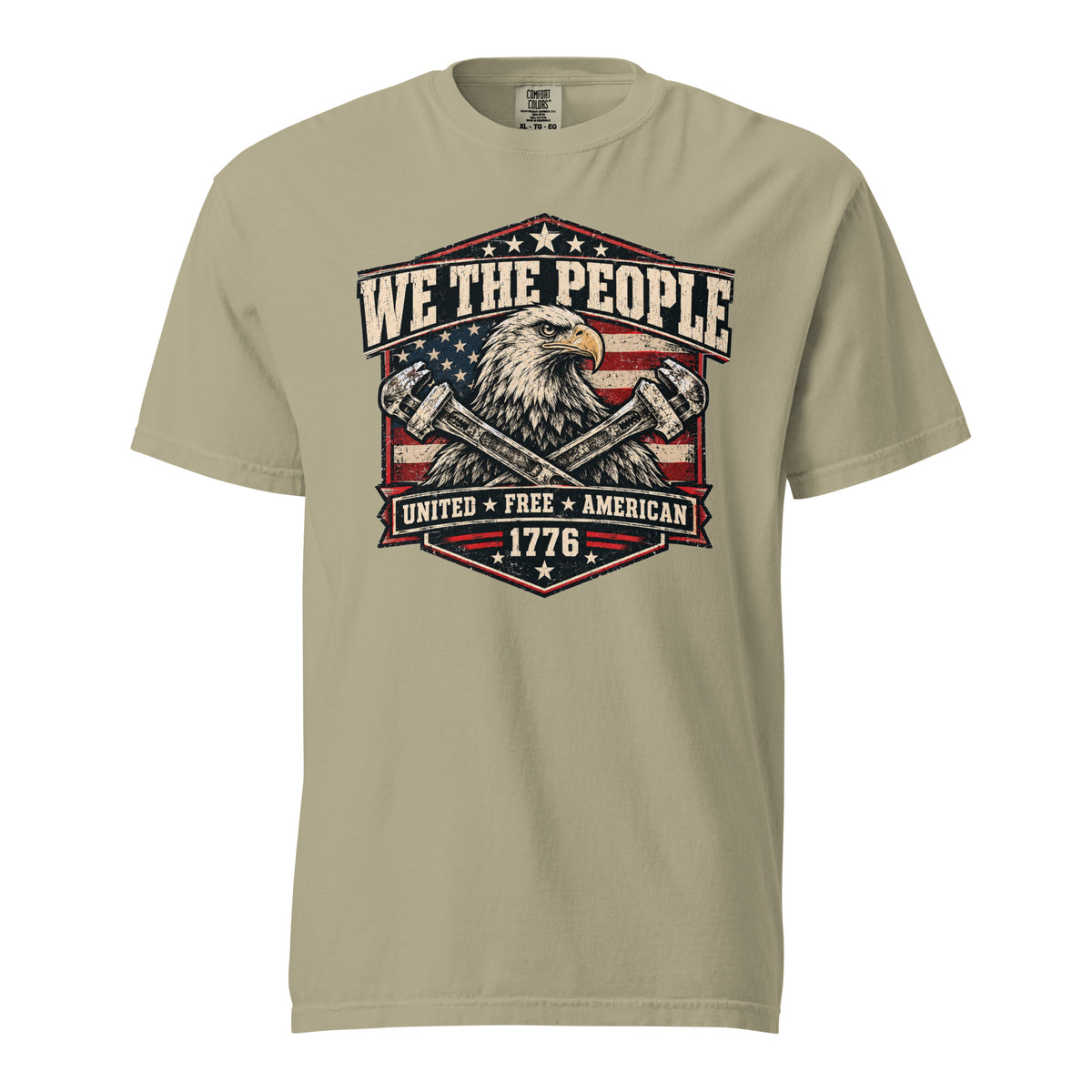 tan men's t-shirt with "we the people" across the top and an eagle with two wrenches graphic below, with written "United Free America" at the bottom