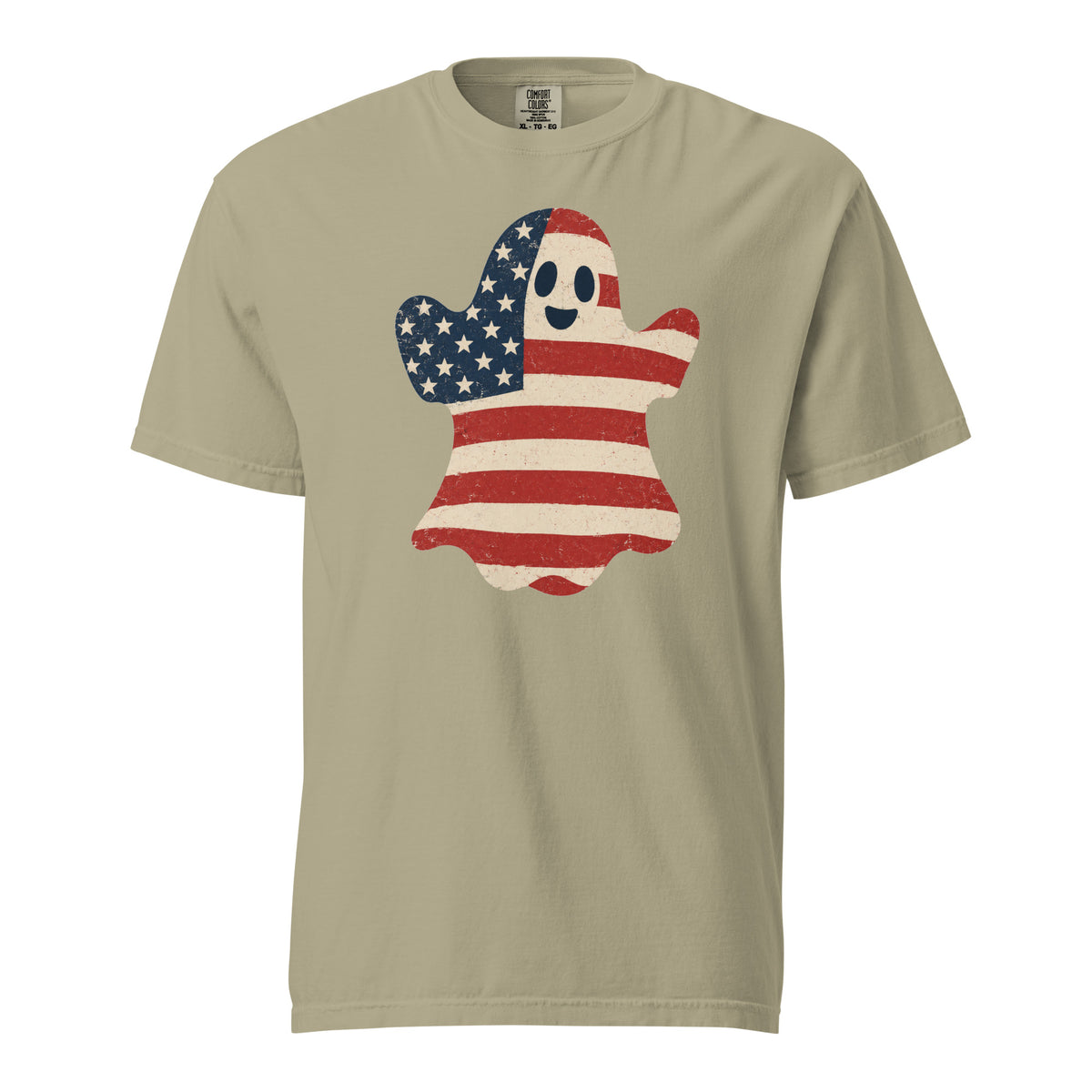 men's tan t-shirt for Halloween with a simple ghost silhouette filled with vintage American flag