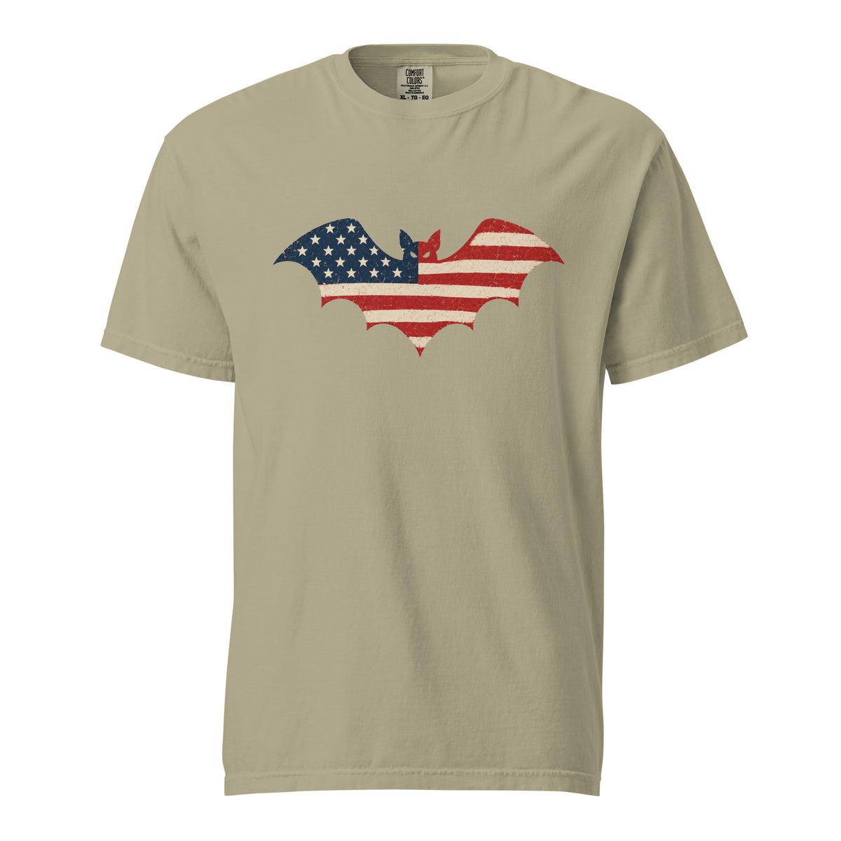 tan men's t-shirt for Halloween with a simple bat silhouette filled with vintage American flag