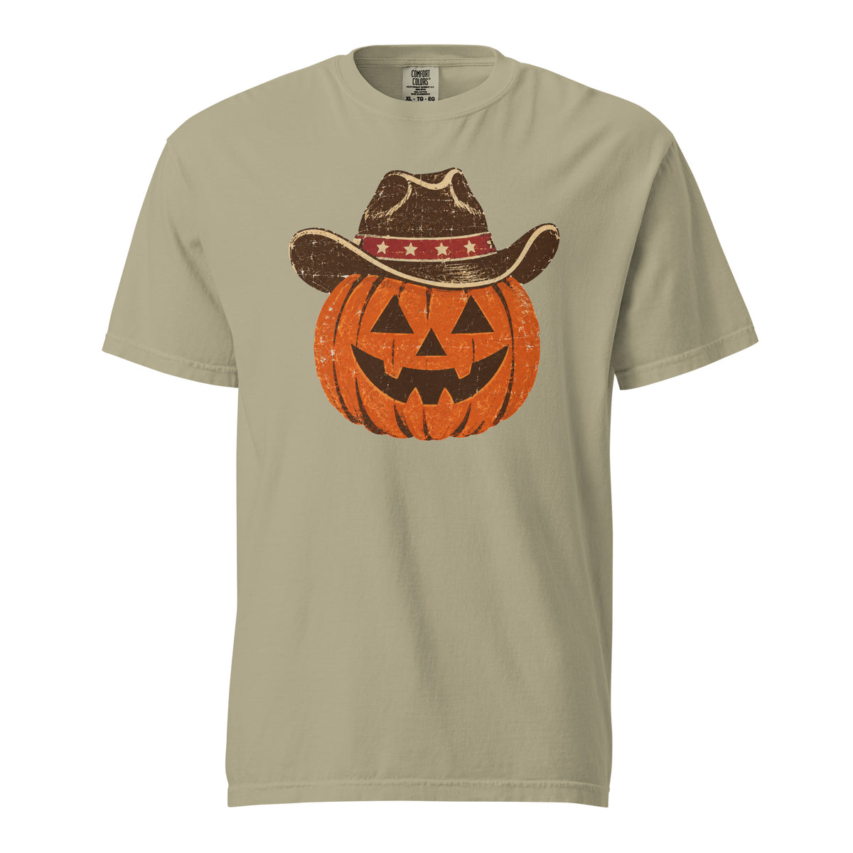 tan men's t-shirt for Halloween with a simple pumpkin carved silhouette with vintage American cowboy hat on top