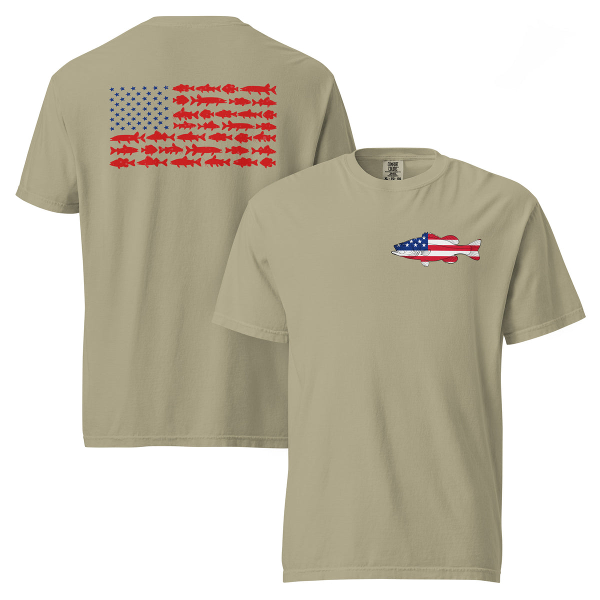 Tan men's t-shirt with American flag Bass on the front and American flag made of freshwater fish on the back
