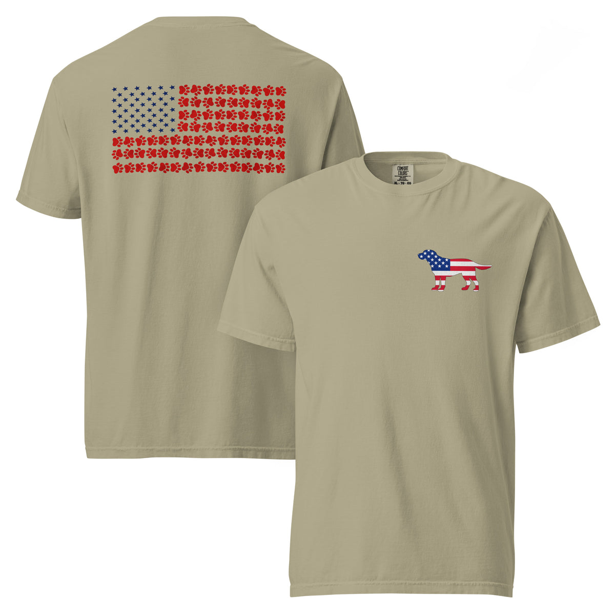Tan men's t-shirt with American flag dog on front and American flag made of paw prints on the back