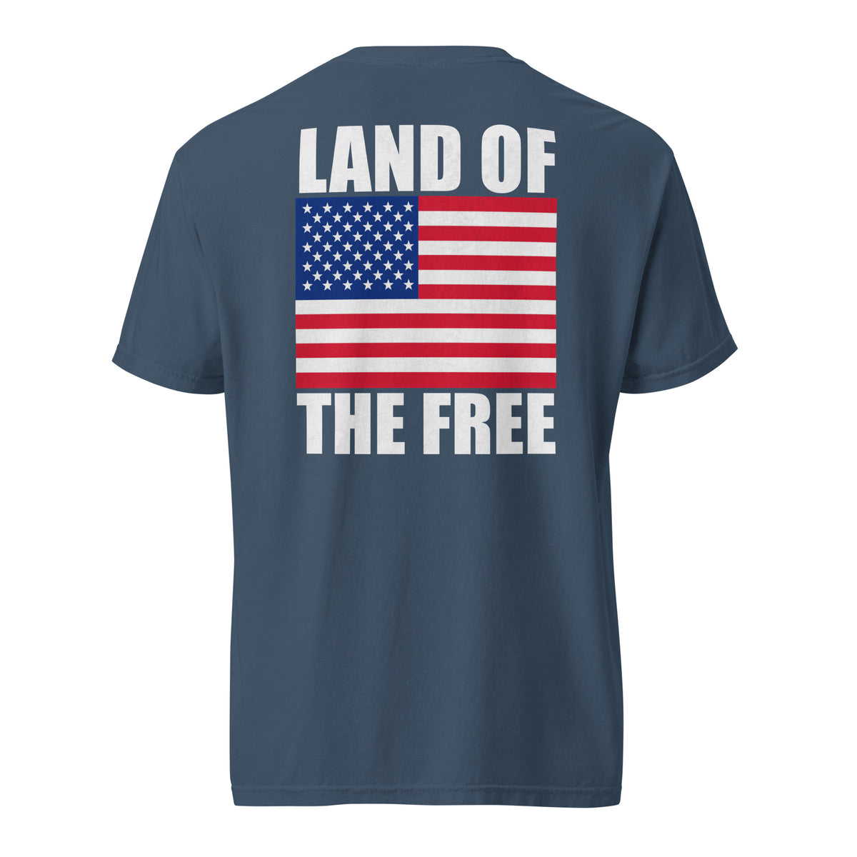 Men's blue t-shirt with Land of the free written above and below an American flag