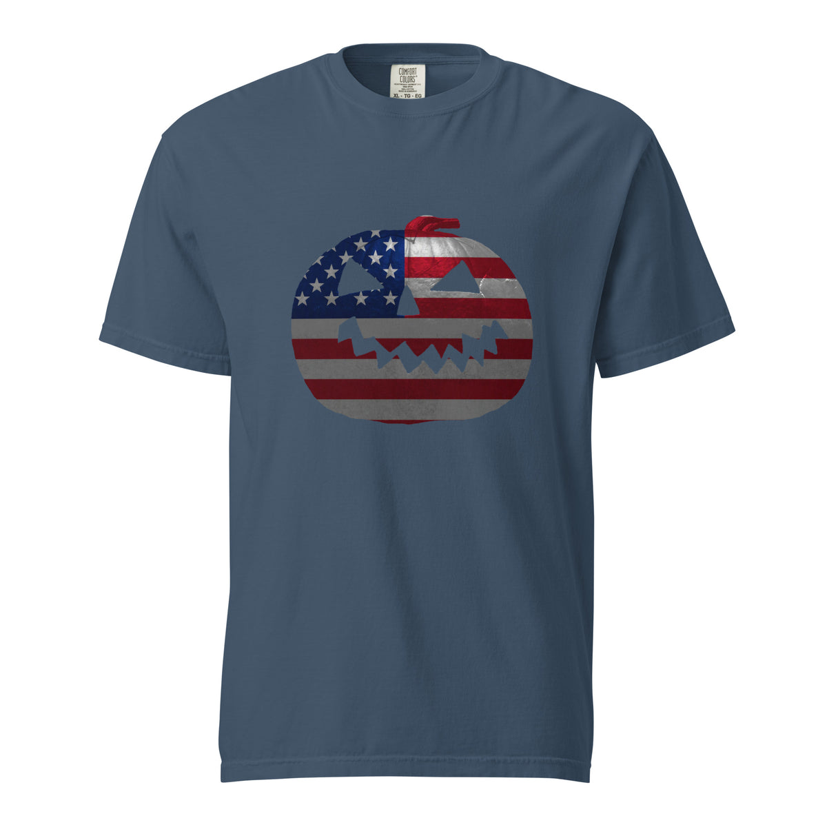 Blue mens Halloween t-shirt with a jack-o-lantern pumpkin design and American flag