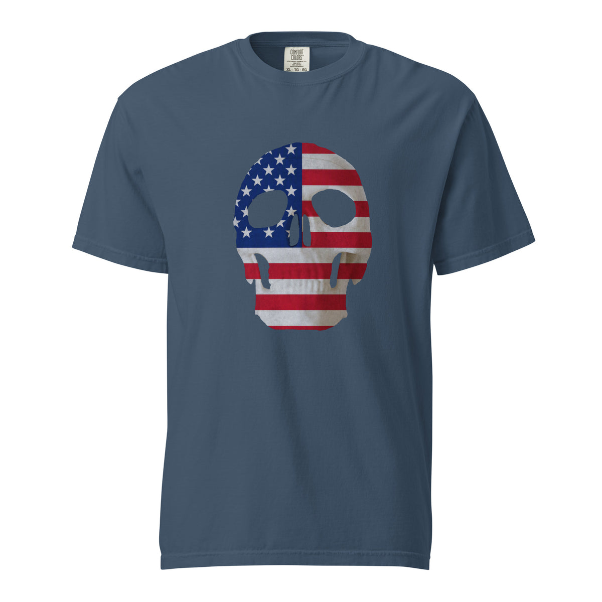 Men's blue t-shirt for Halloween with a skull and American flag combination on the front