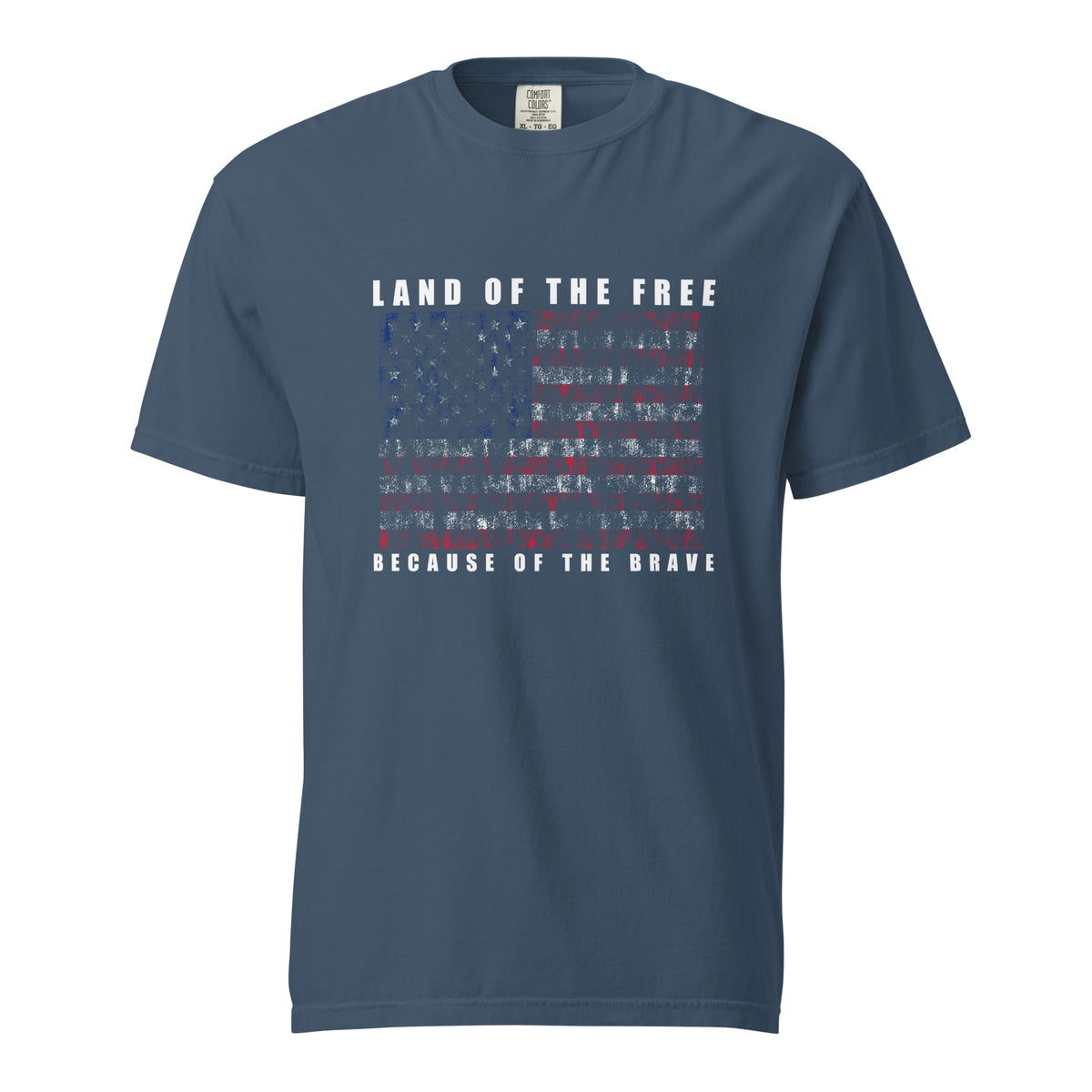 Men's blue t-shirt with land of the free because of the brave written above and below a distressed American flag design