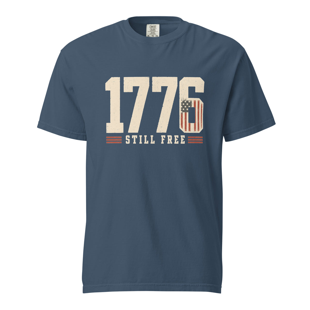 Blue men's t-shirt with 1776 in big letters and still free written beneath it
