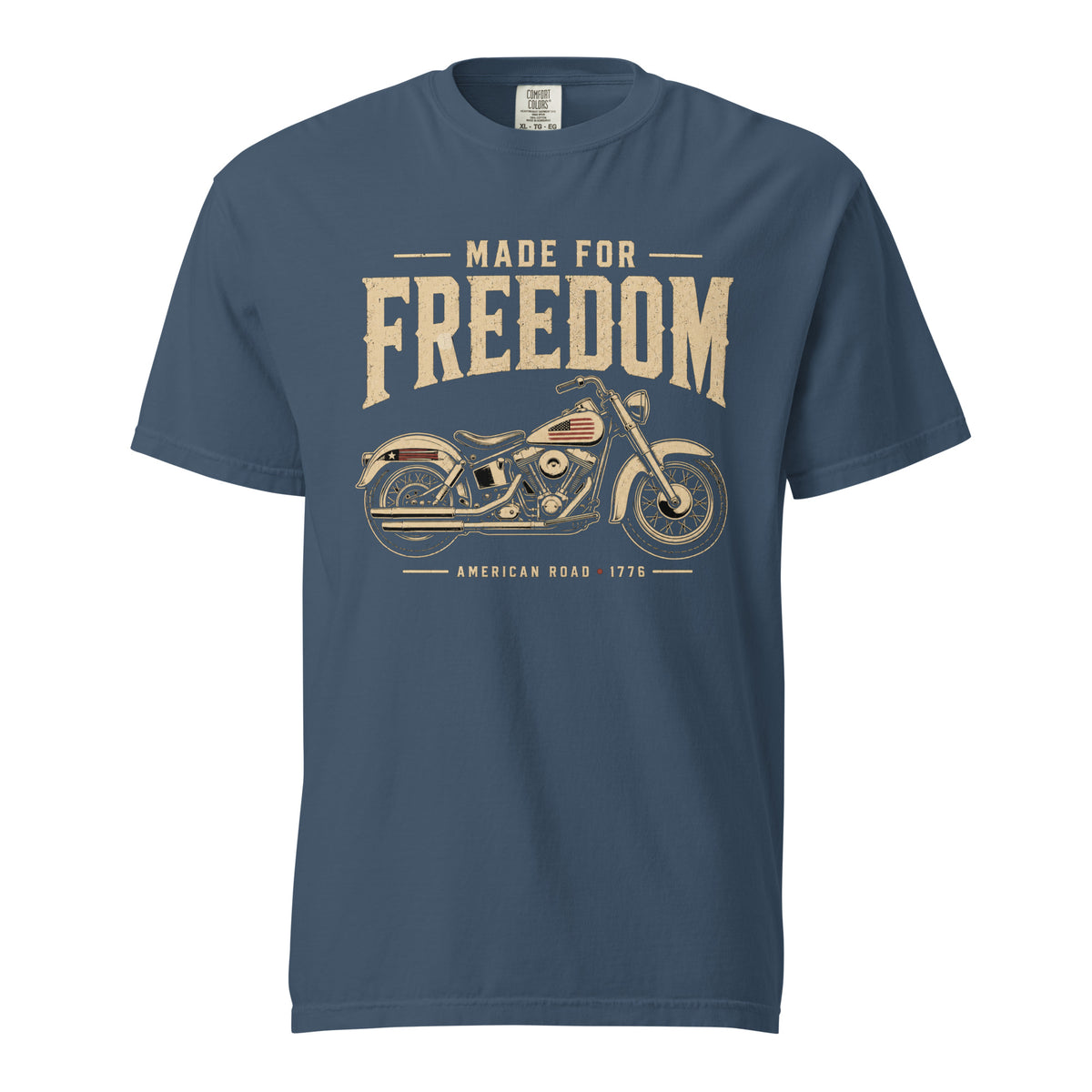 Men's blue t-shirt that says Made for Freedom above a classic motorcycle graphic, and American Road 1776 at the bottom