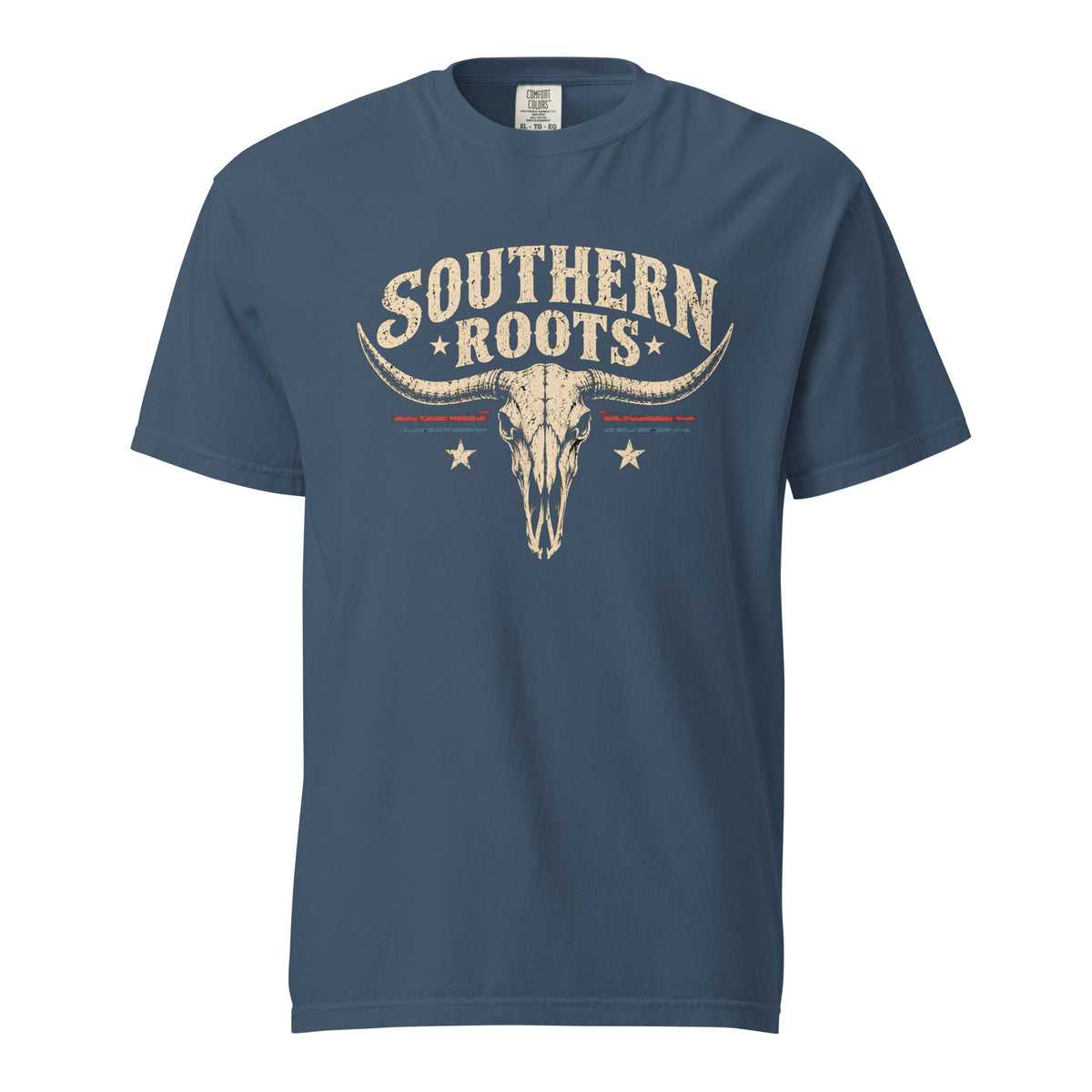 blue men's shirt with southern roots written above a longhorn bone silhouette with star and stripe accents
