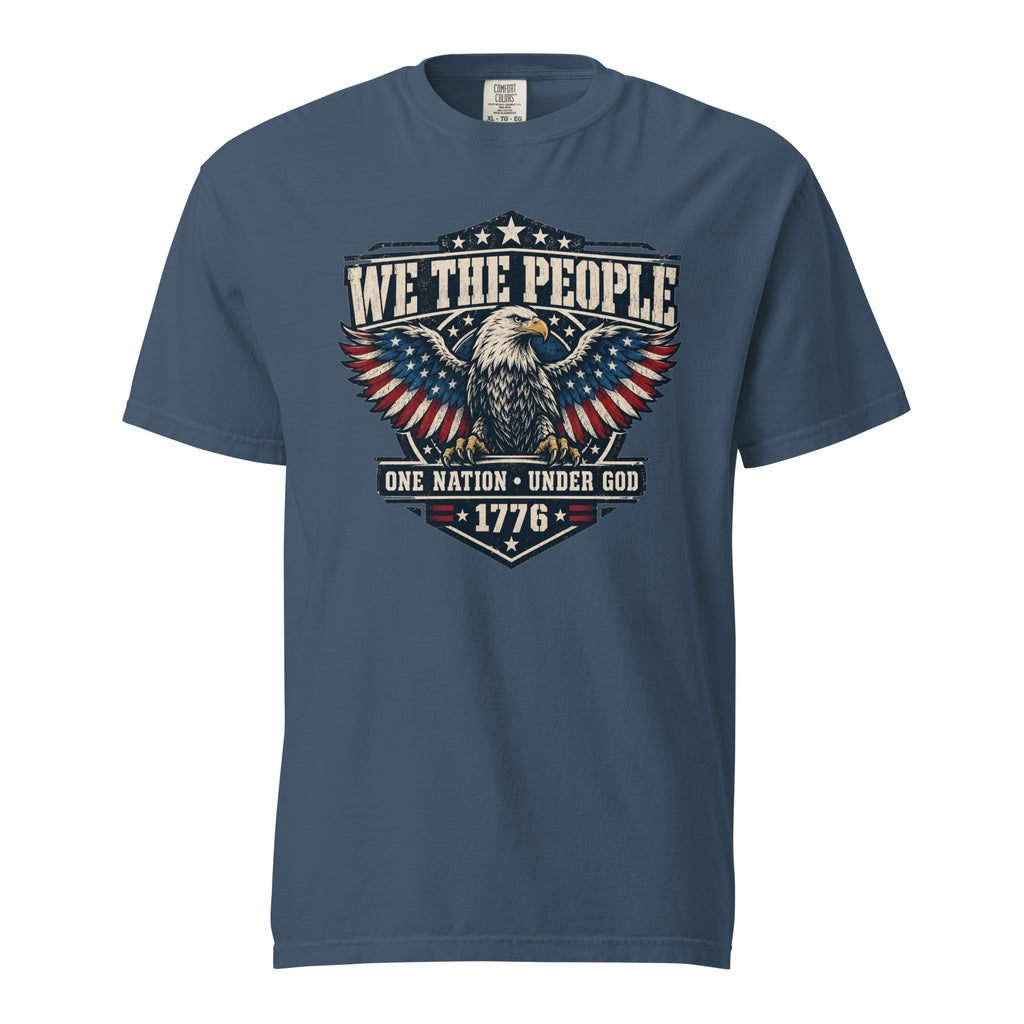 blue men's t-shirt with "we the people" across the top and an eagle graphic below, with written "One nation under god" and "1776" at the bottom