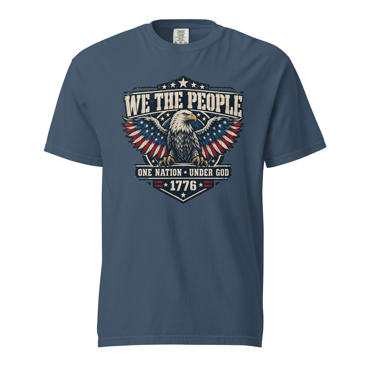 blue men's t-shirt with "we the people" across the top and an eagle graphic below, with written "One nation under god" and "1776" at the bottom
