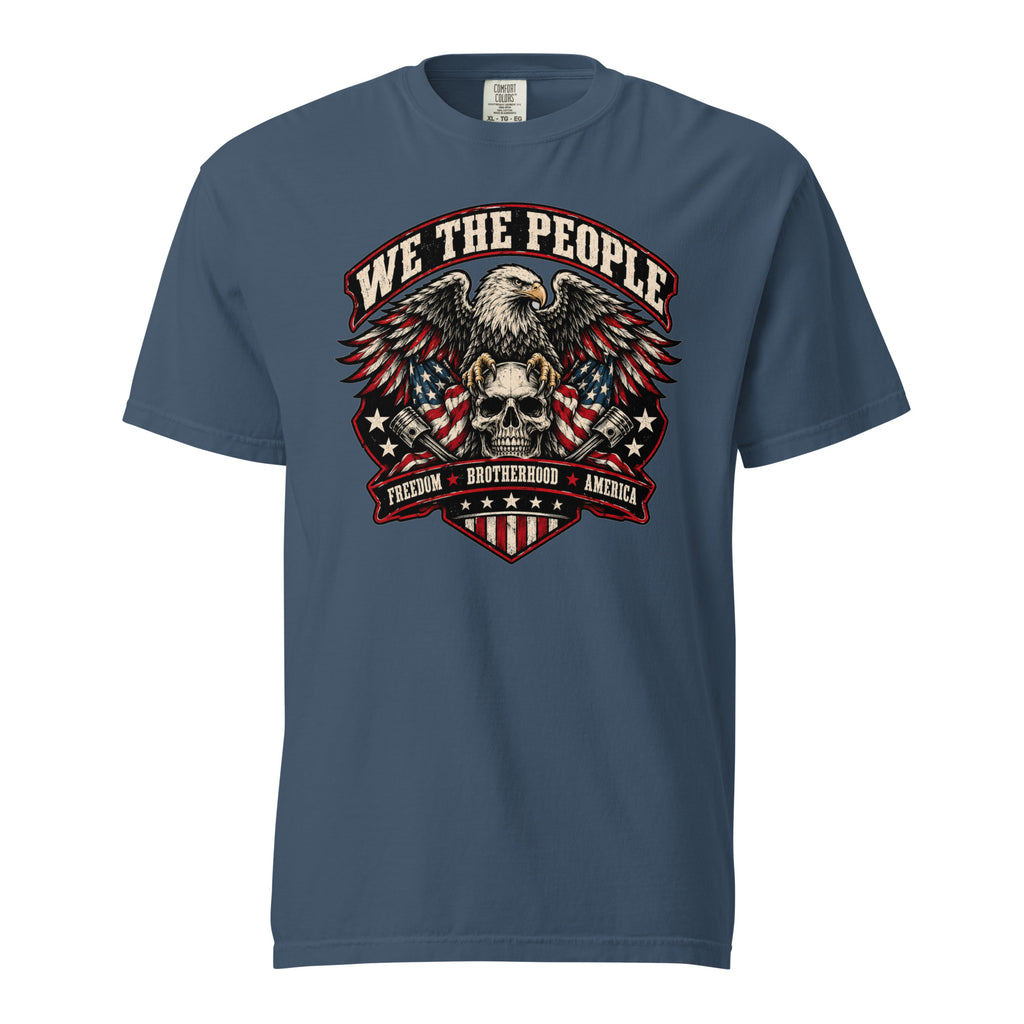 blue men's t-shirt with "we the people" across the top and an eagle standing on a skull graphic below, with written "Freedom Brotherhood America" at the bottom