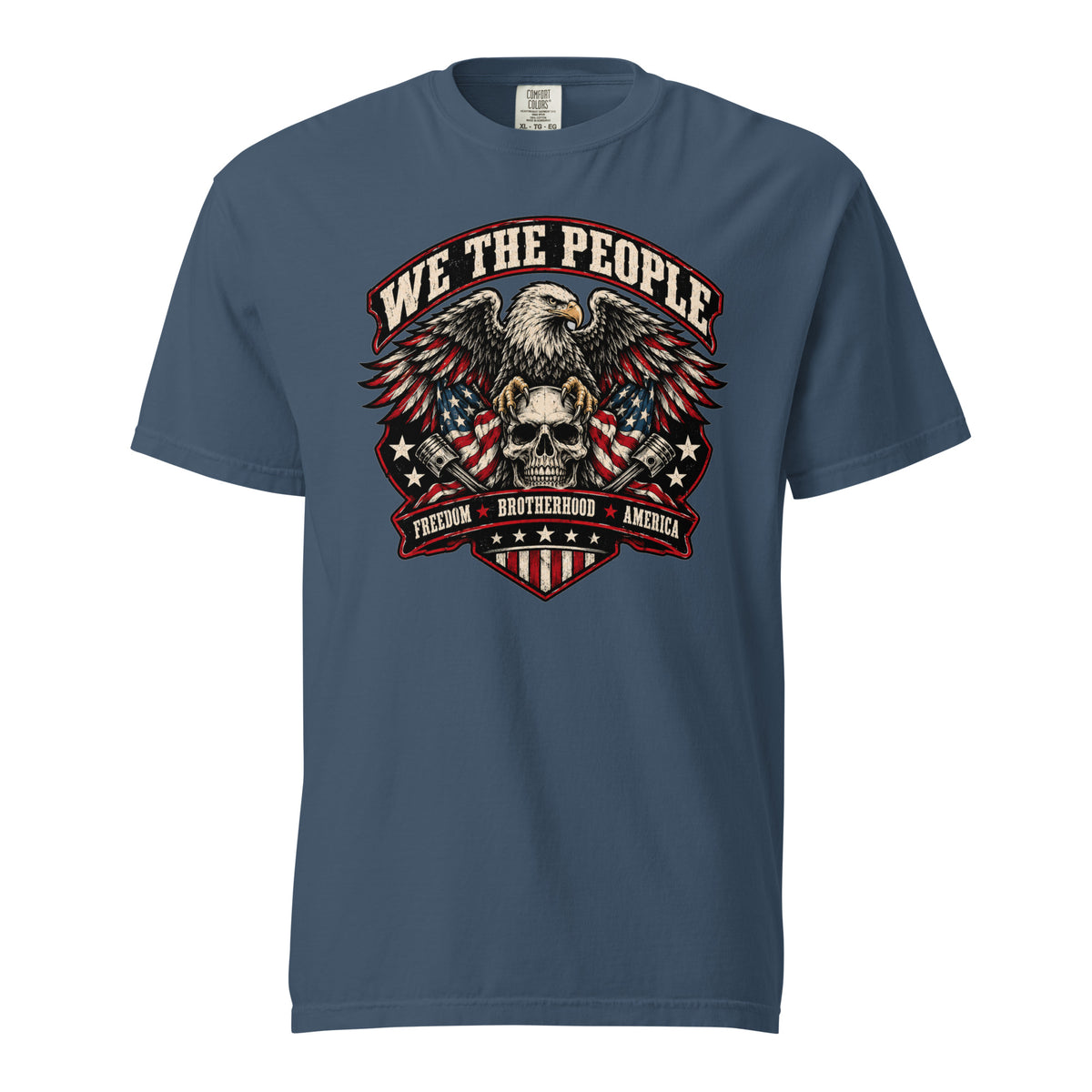 blue men's t-shirt with "we the people" across the top and an eagle standing on a skull graphic below, with written "Freedom Brotherhood America" at the bottom
