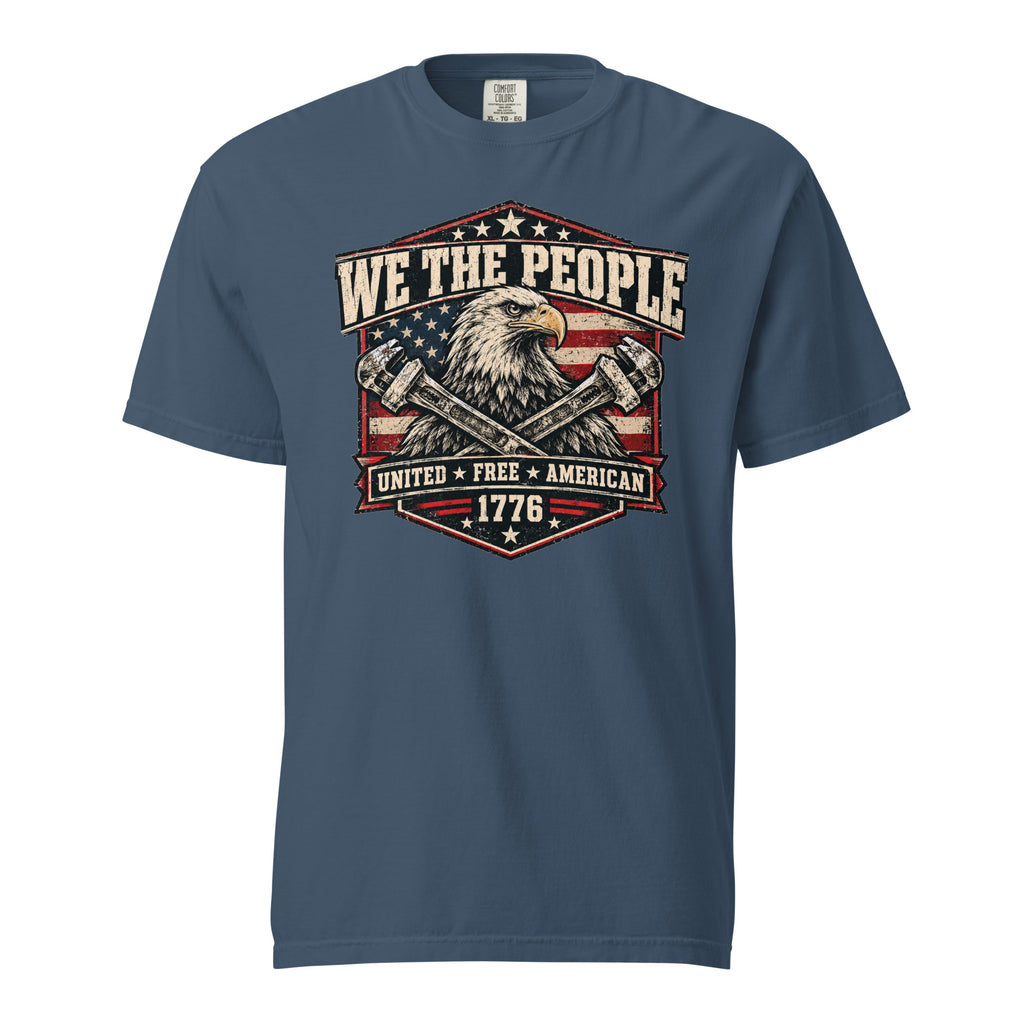 blue men's t-shirt with "we the people" across the top and an eagle with two wrenches graphic below, with written "United Free America" at the bottom