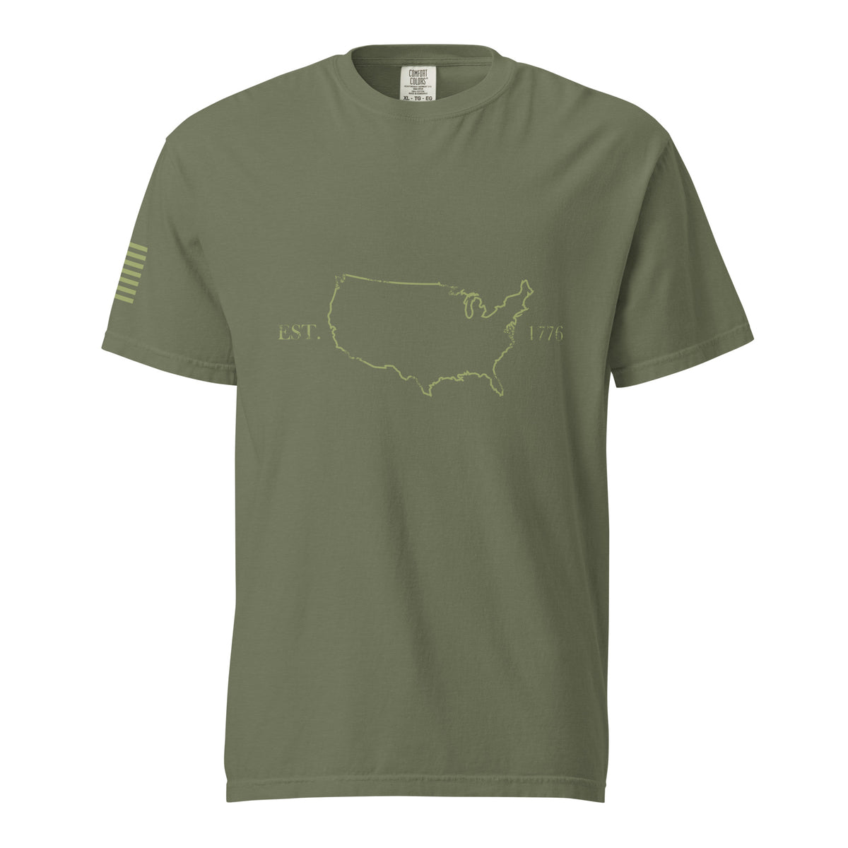 Green men's USA outline 1776 and American flag sleeve t-shirt