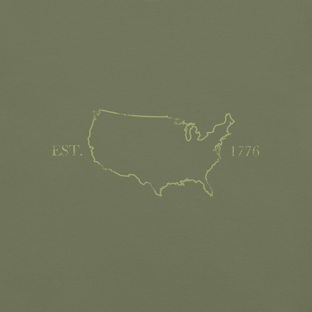 Green men's USA outline 1776 and American flag sleeve t-shirt