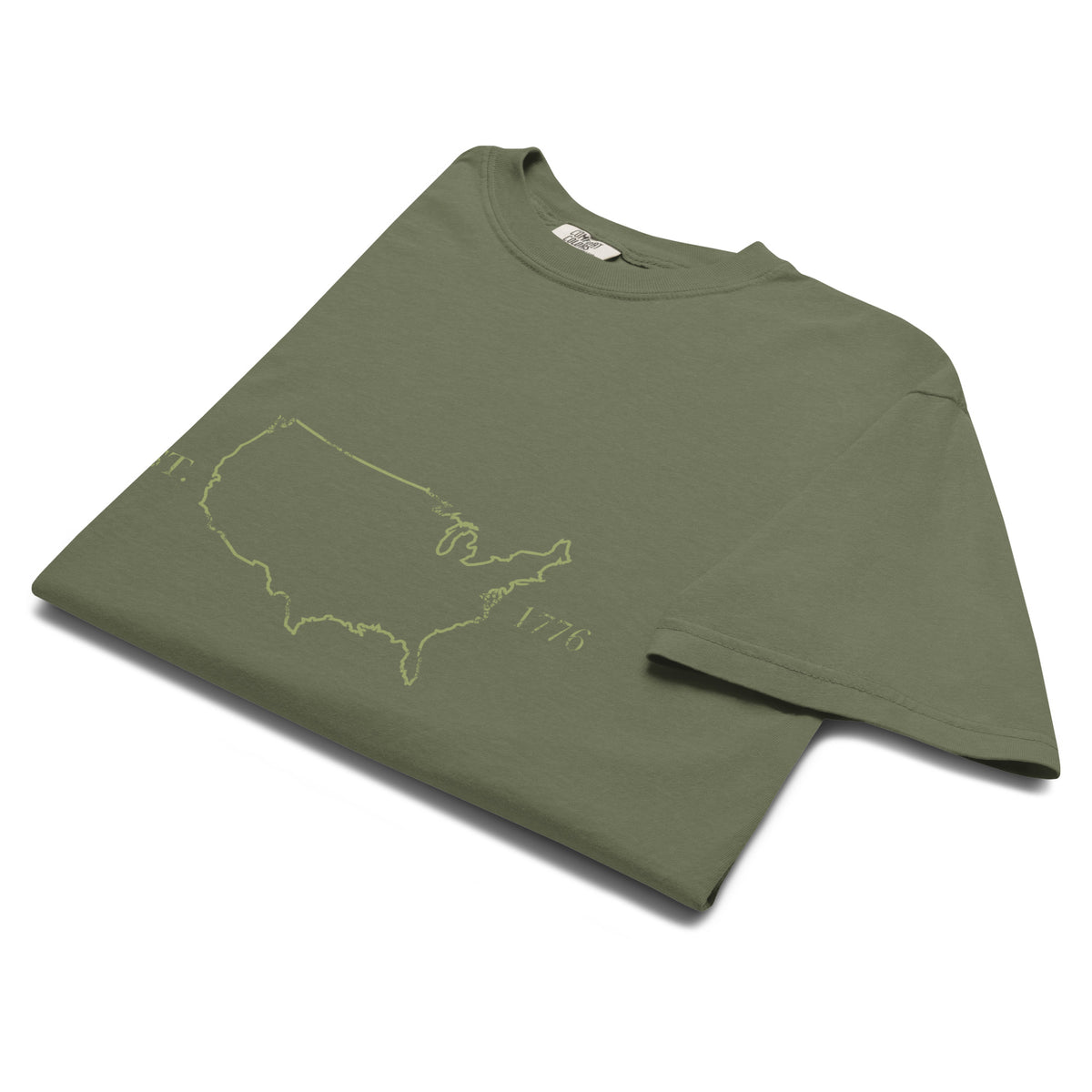 Green men's USA outline 1776 and American flag sleeve t-shirt