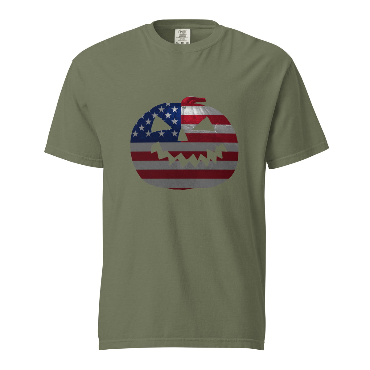 green mens Halloween t-shirt with a jack-o-lantern pumpkin design and American flag