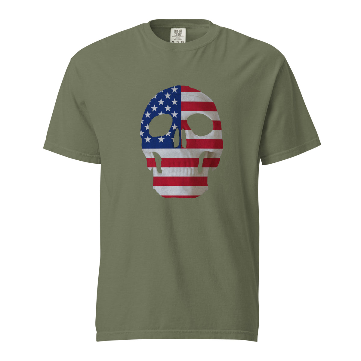 Men's green t-shirt for Halloween with a skull and American flag combination on the front
