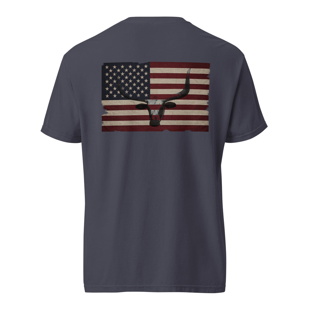 men's longhorn head and distressed American flag design back navy t-shirt