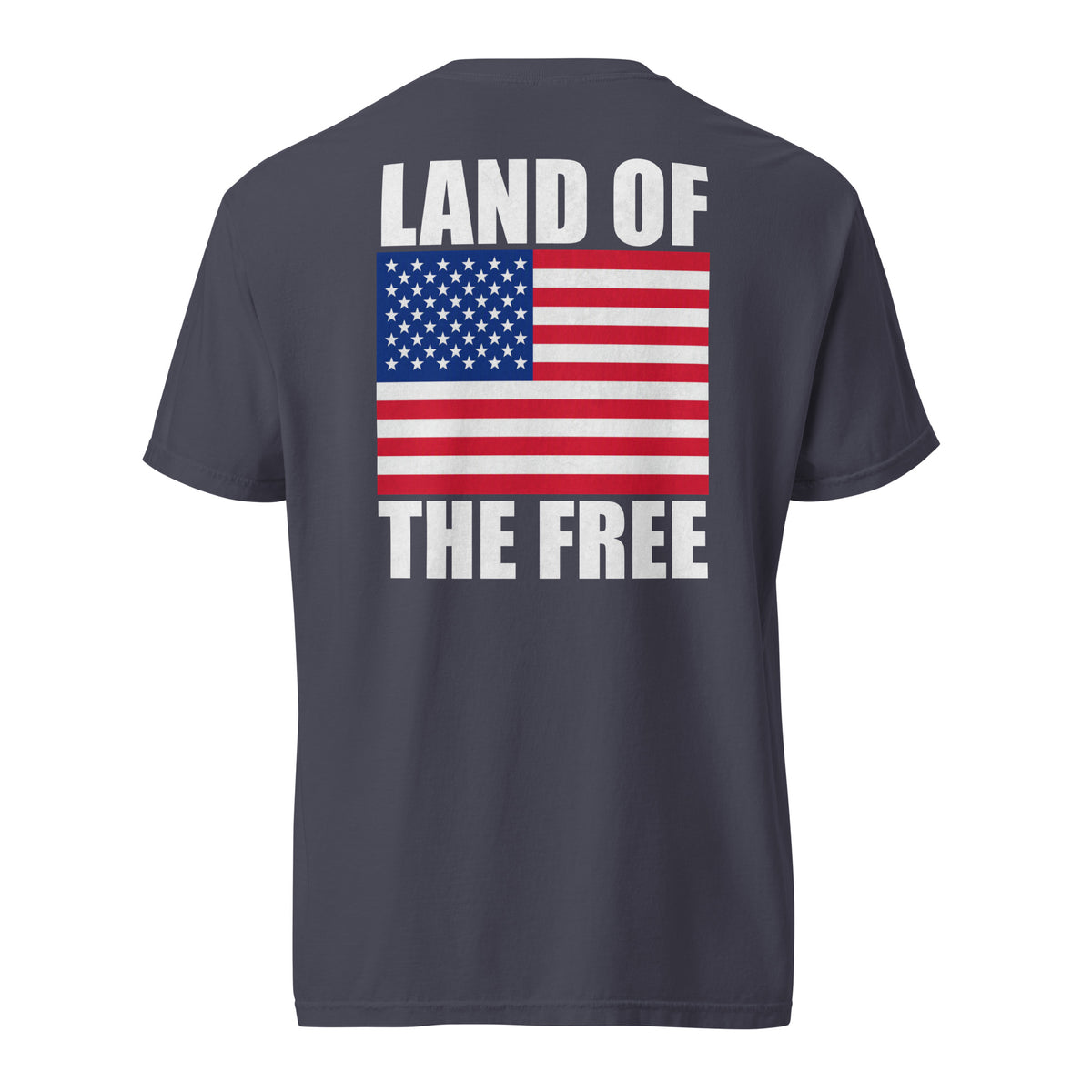 Men's grey t-shirt with Land of the free written above and below an American flag