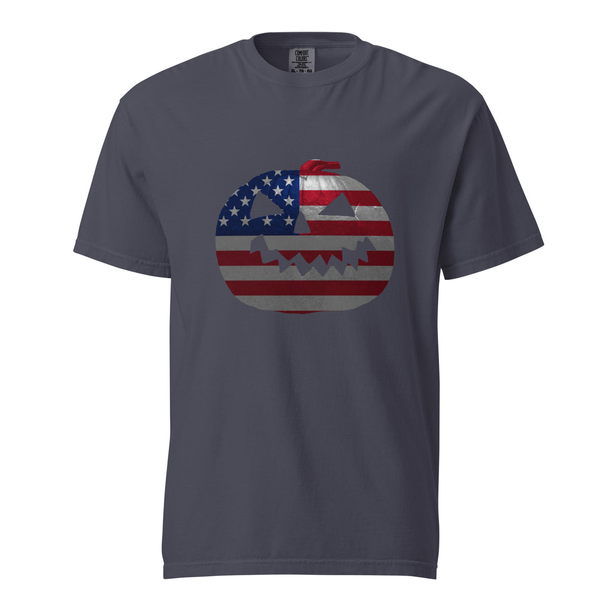 grey mens Halloween t-shirt with a jack-o-lantern pumpkin design and American flag