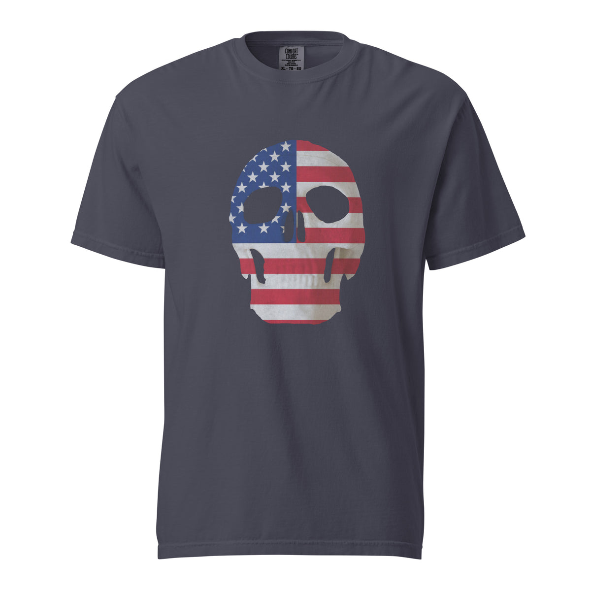 Men's grey t-shirt for Halloween with a skull and American flag combination on the front
