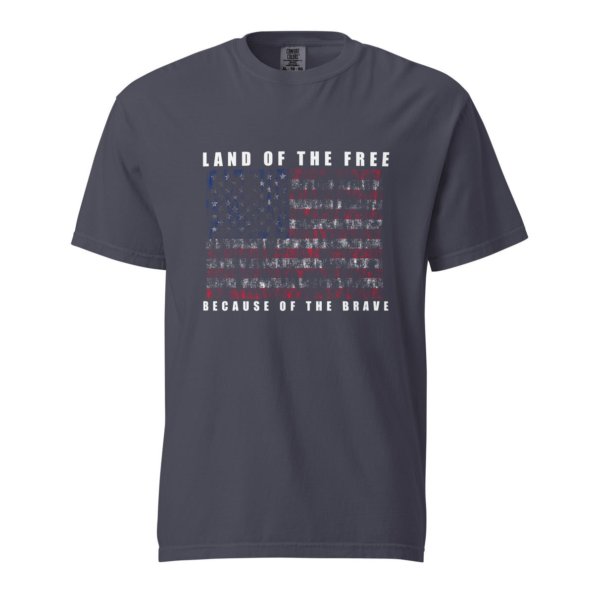 Men's navy t-shirt with land of the free because of the brave written above and below a distressed American flag design
