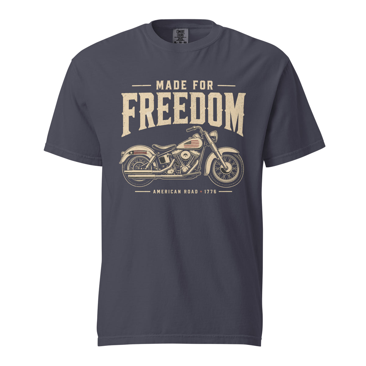 Men's gray t-shirt that says Made for Freedom above a classic motorcycle graphic, and American Road 1776 at the bottom