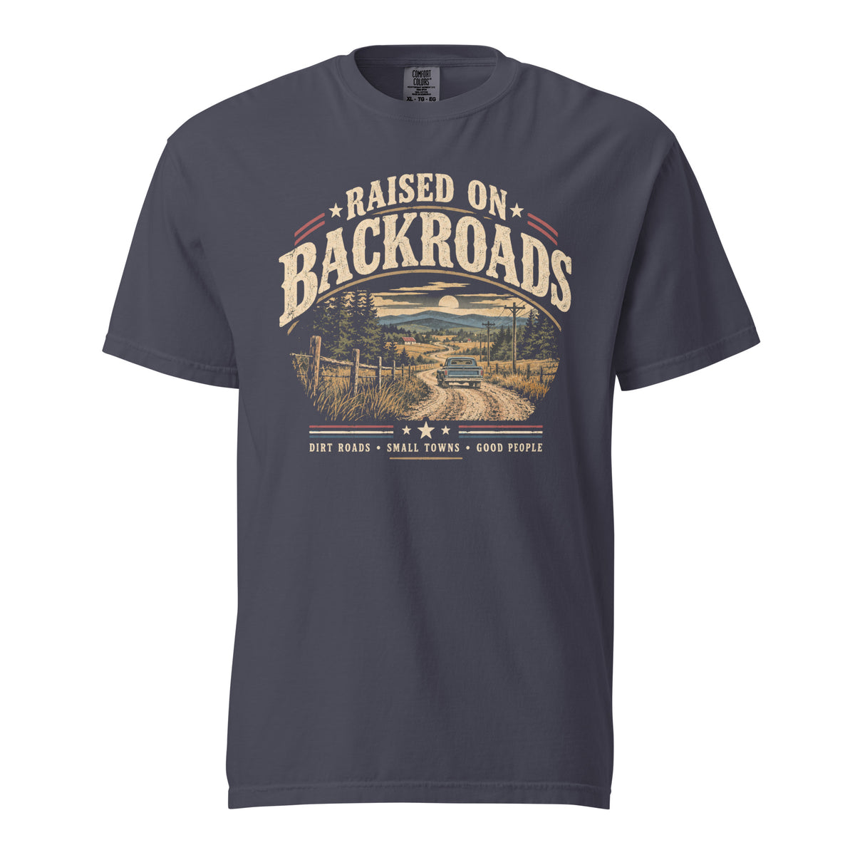 gray men's t-shirt with text saying "Raised on backroads" above a dirt road with truck graphic, red, white and blue accents