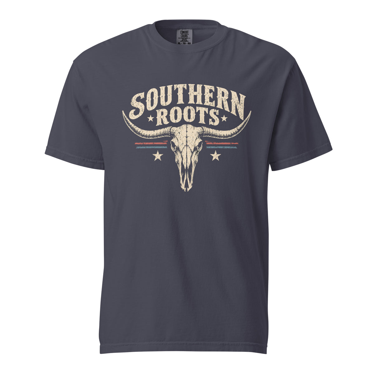 gray men's shirt with southern roots written above a longhorn bone silhouette with star and stripe accents