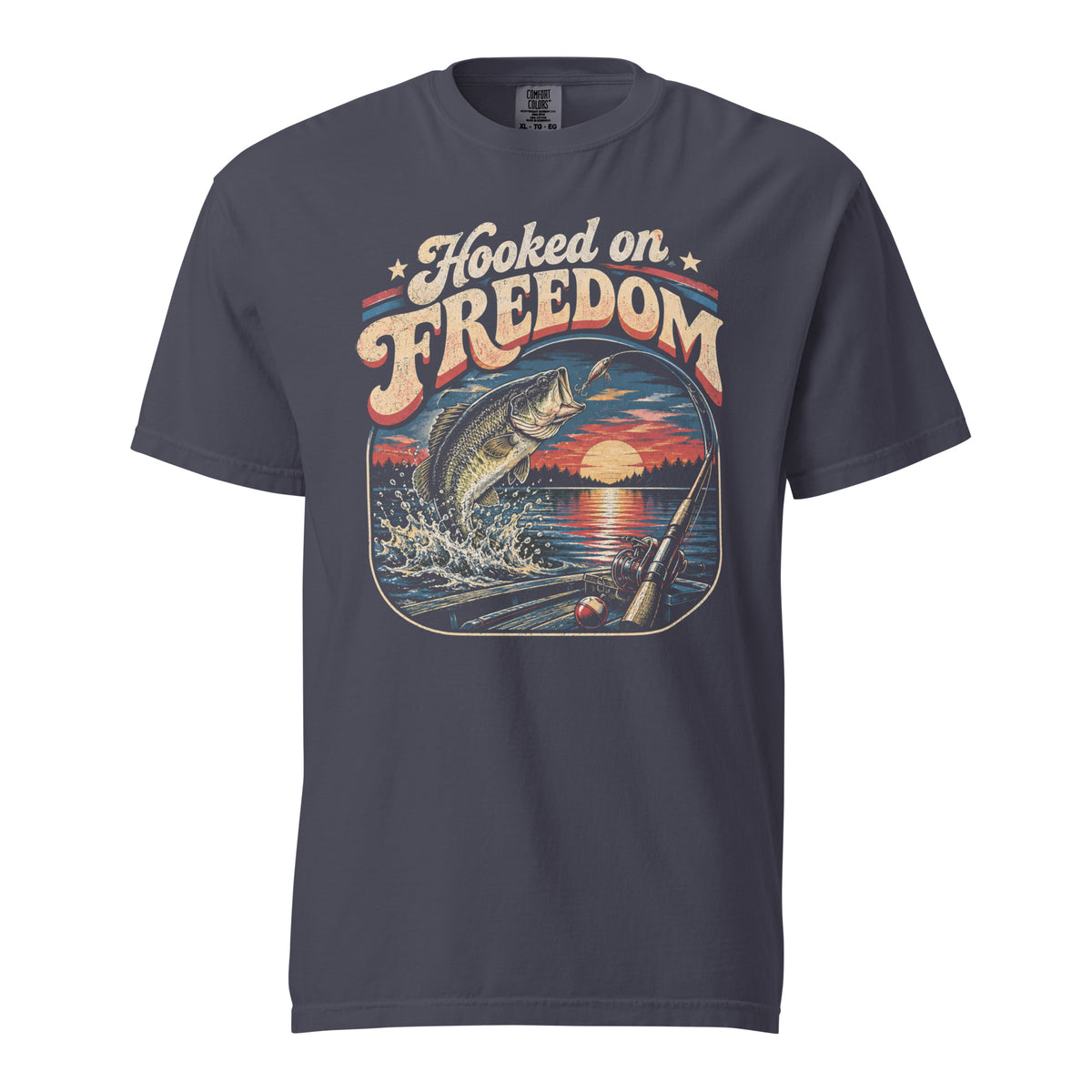 gray men's t-shirt with Hooked on freedom written in large vintage lettering, with a sunset and bass graphic 