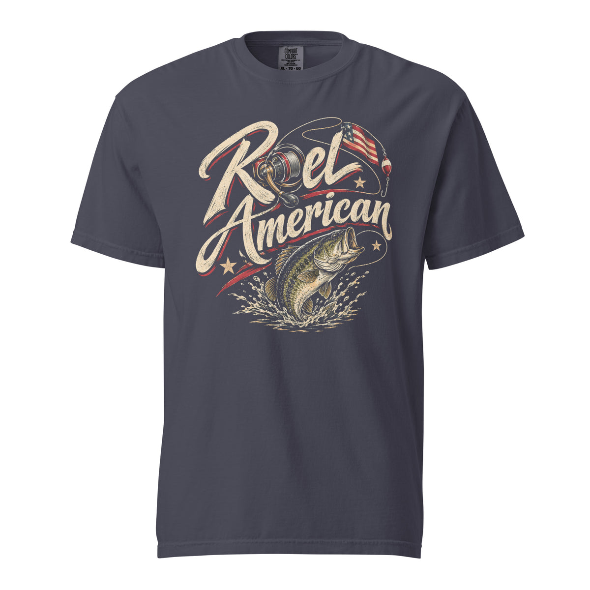 navy men's t-shirt with Reel American written in large lettering, with a fishing reel as one of the letters and bass graphic 