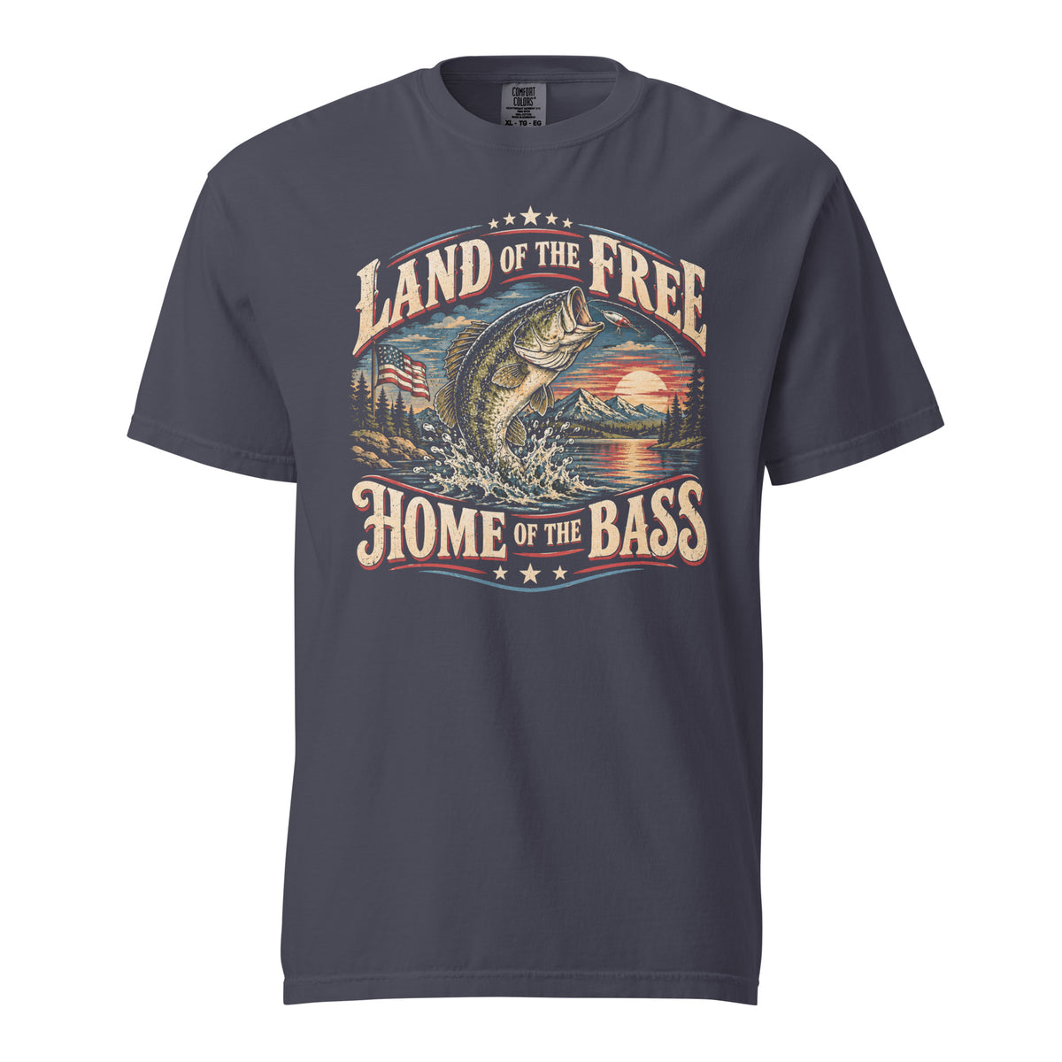 gray men's t-shirt with "Land of the free home of the bass" written in large lettering, with a bass and sunset graphic in the center