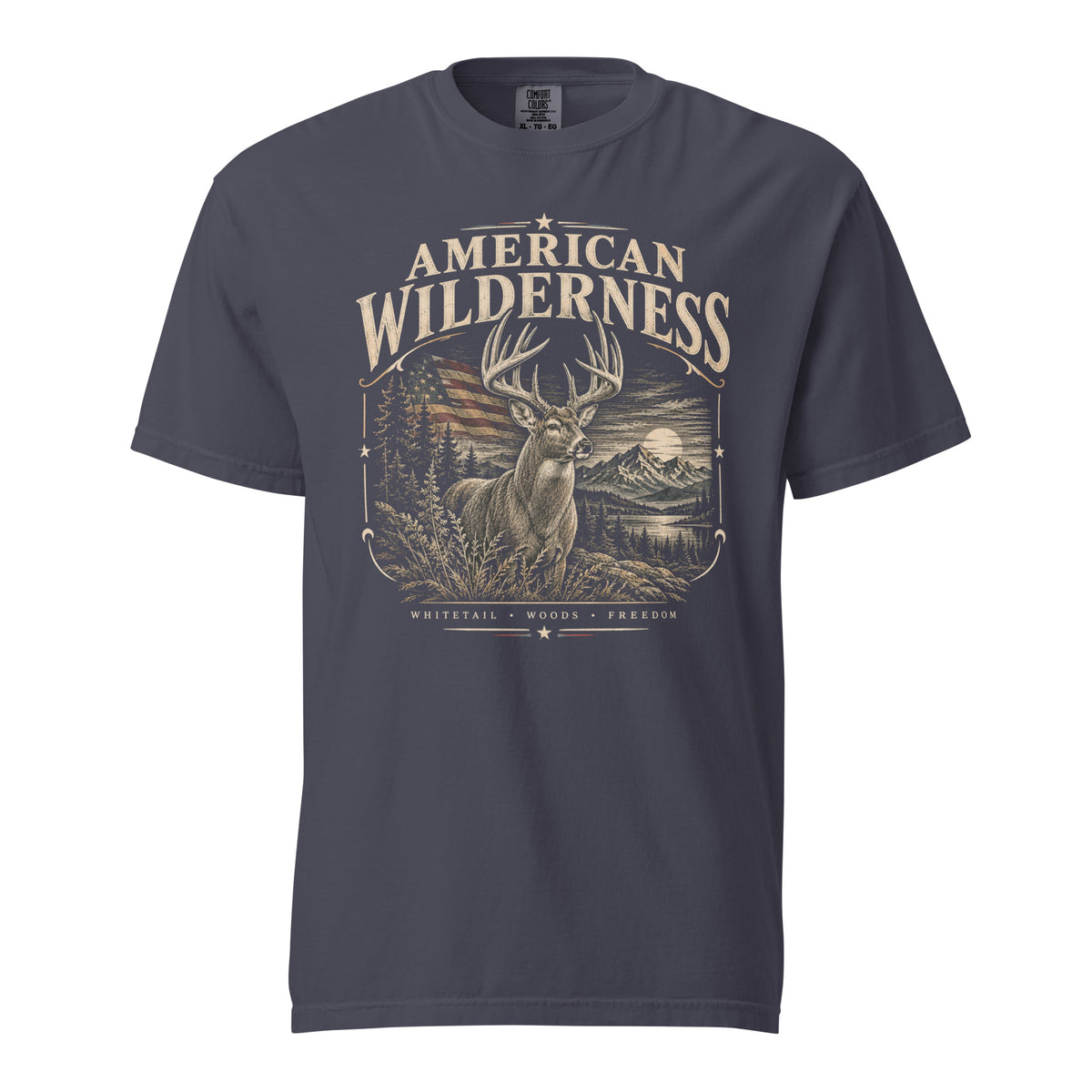 navy men's t-shirt with "American Wilderness" across the top, and a whitetail buck graphic with an American flag and small lettering along the bottom