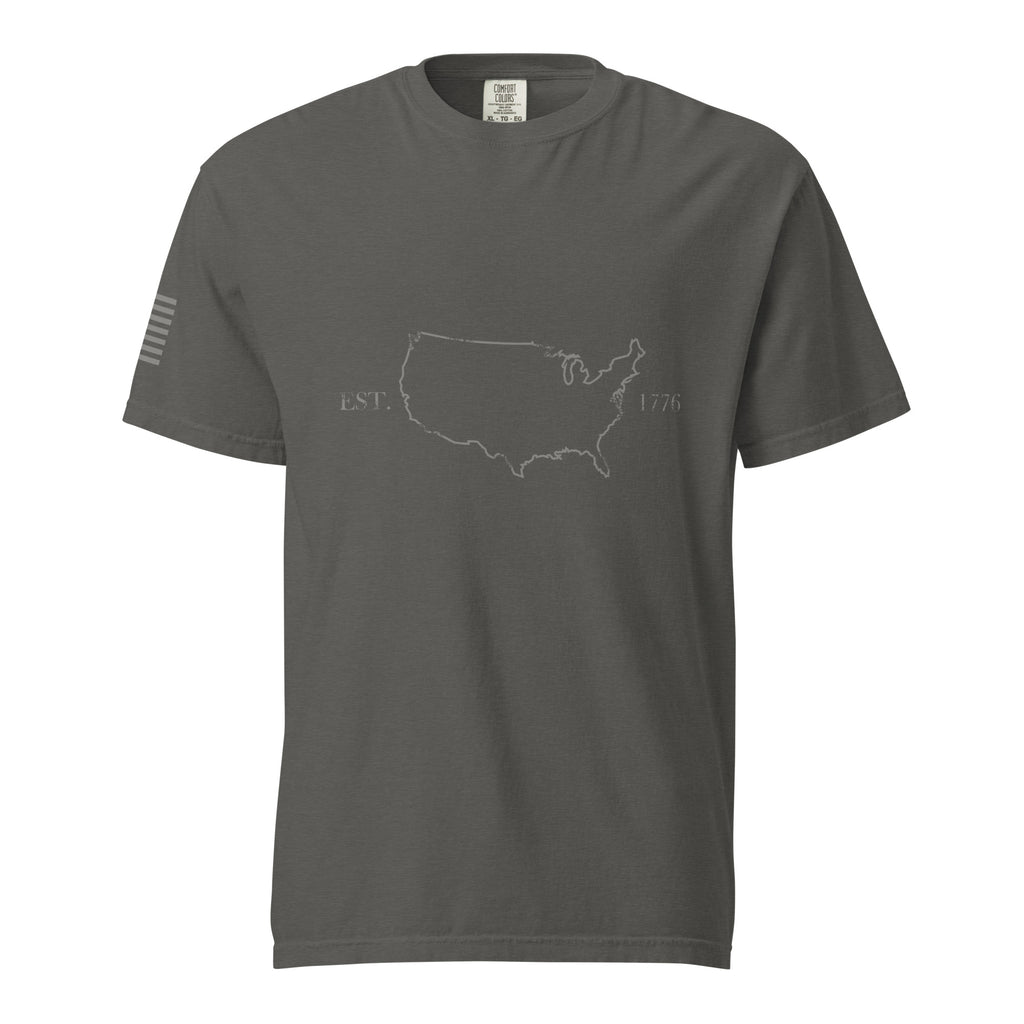 Grey men's USA outline 1776 and American flag sleeve t-shirt