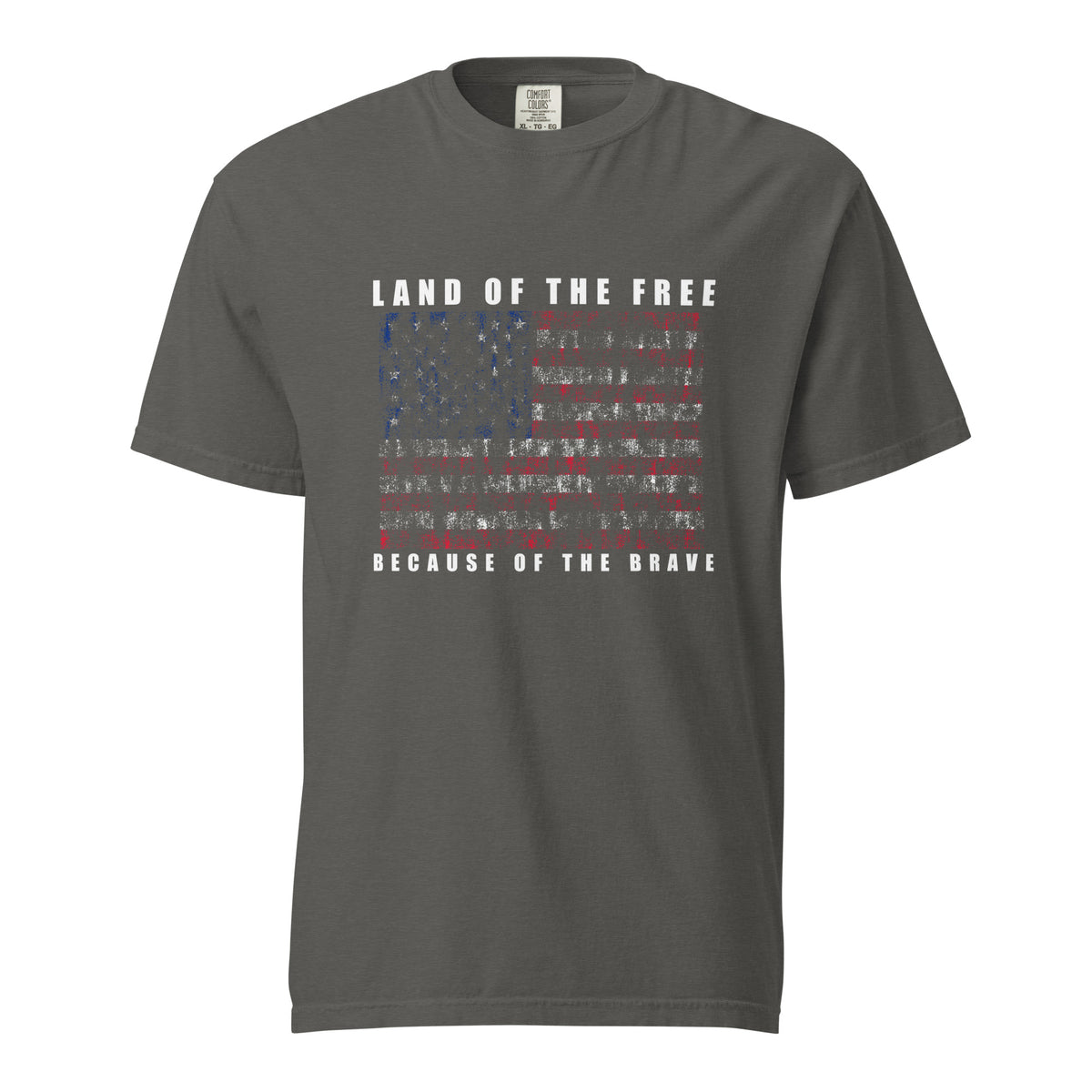Men's grey t-shirt with land of the free because of the brave written above and below a distressed American flag design
