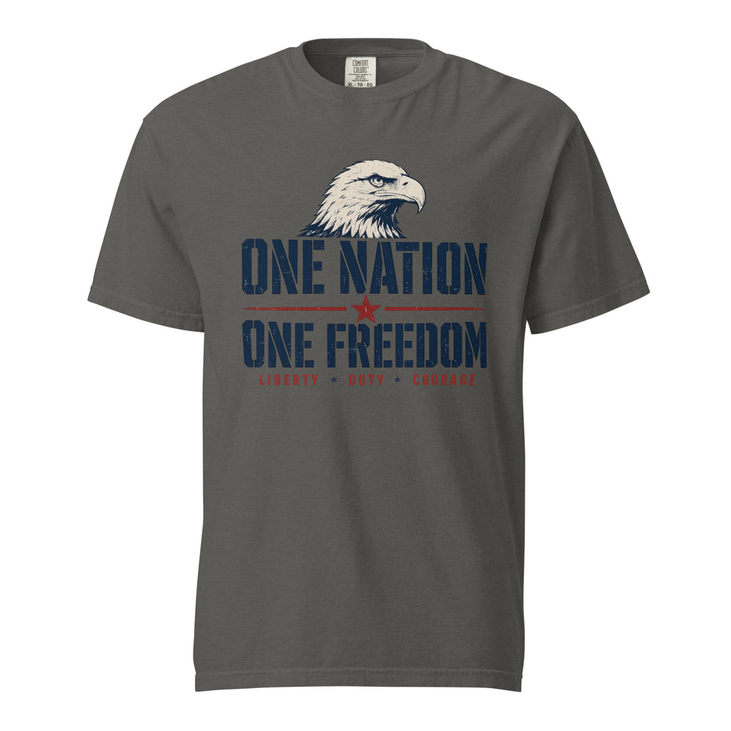 Gray men's t-shirt with an eagle head, and One Nation One Freedom written under. With some star accents and "Liberty Duty Courage" at the bottom.