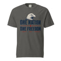 Gray men's t-shirt with an eagle head, and One Nation One Freedom written under. With some star accents and "Liberty Duty Courage" at the bottom.