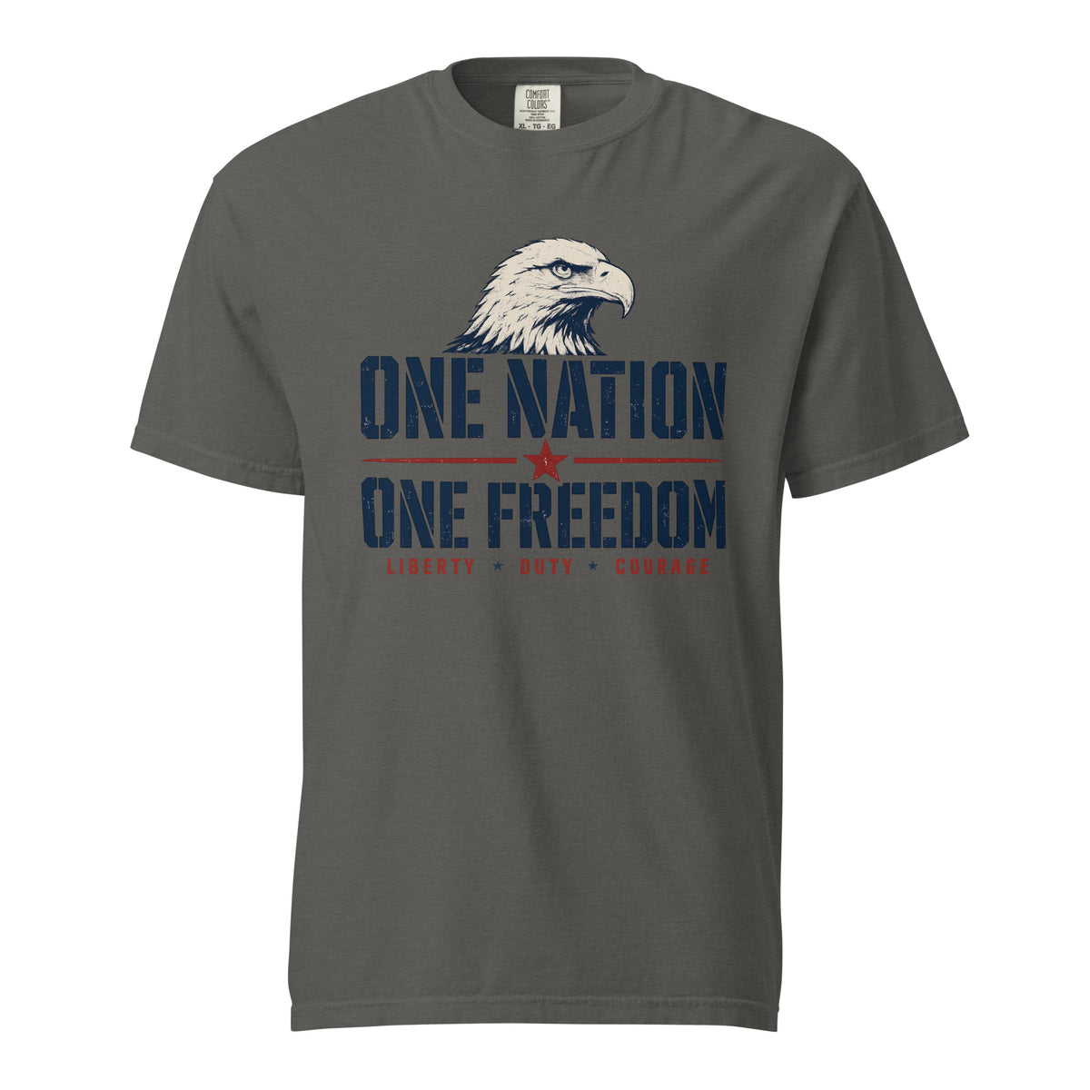 Gray men's t-shirt with an eagle head, and One Nation One Freedom written under. With some star accents and "Liberty Duty Courage" at the bottom.