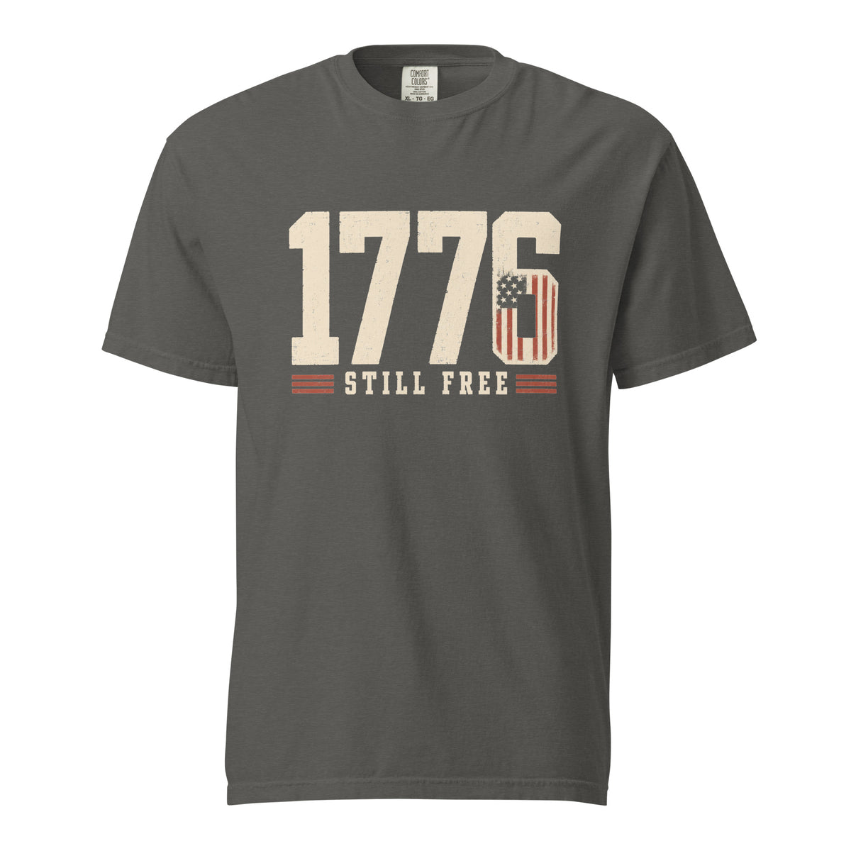 Gray men's t-shirt with 1776 in big letters and still free written beneath it