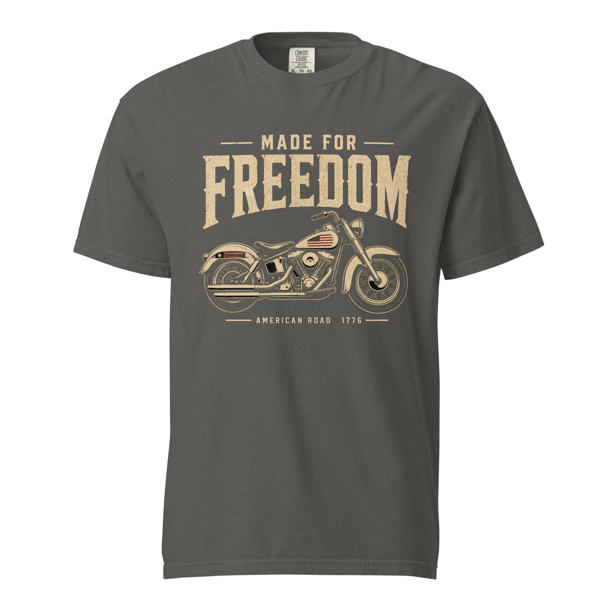 Men's gray t-shirt that says Made for Freedom above a classic motorcycle graphic, and American Road 1776 at the bottom
