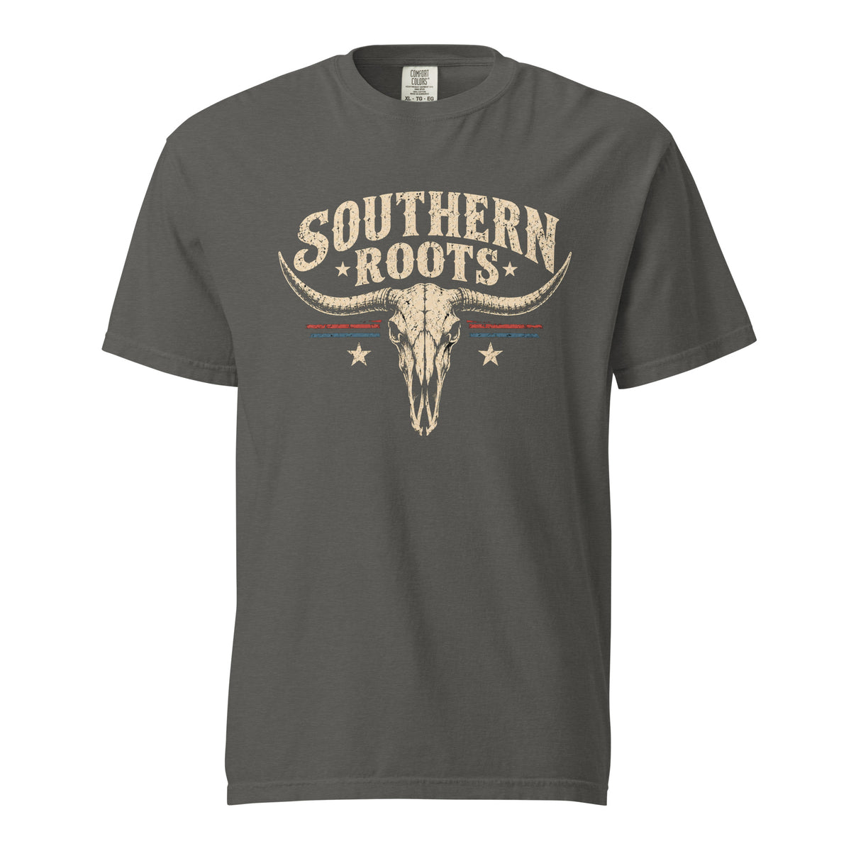gray men's shirt with southern roots written above a longhorn bone silhouette with star and stripe accents