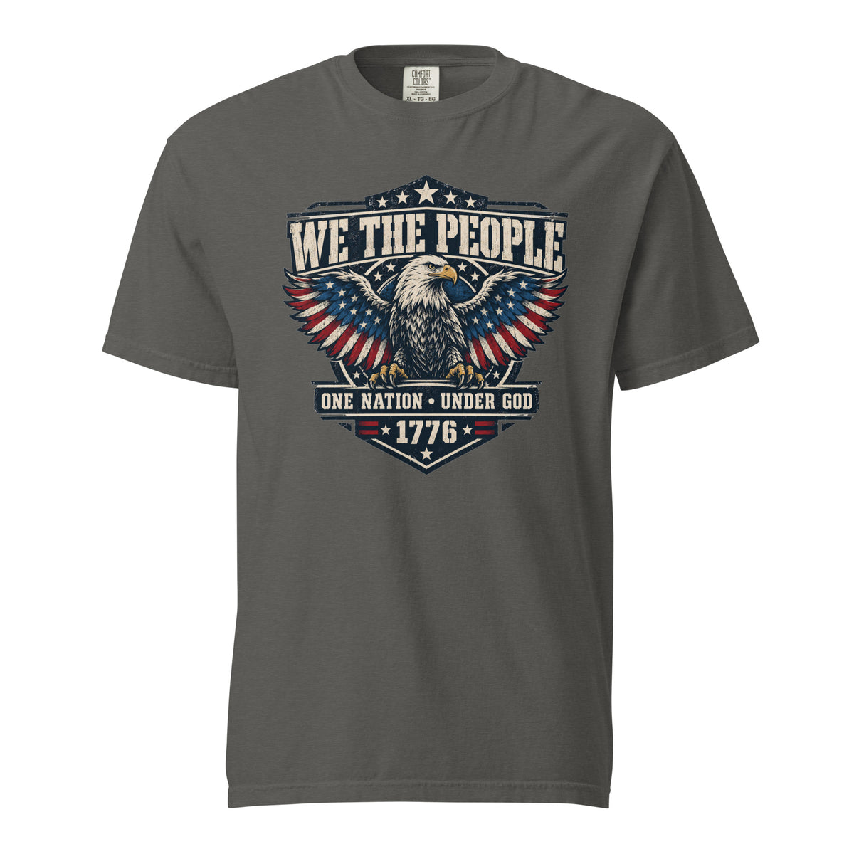 gray men's t-shirt with "we the people" across the top and an eagle graphic below, with written "One nation under god" and "1776" at the bottom